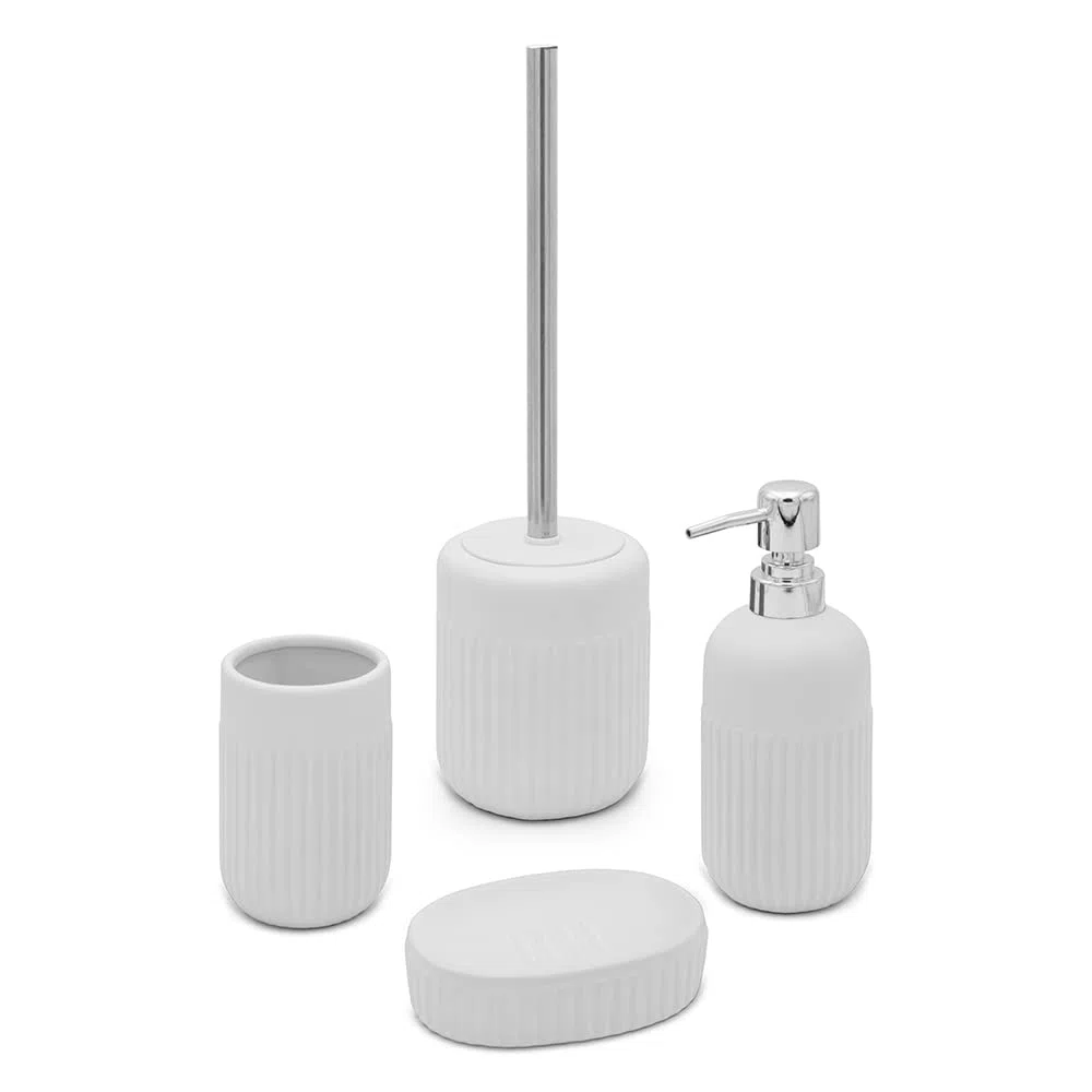 Accessori bagno da appoggio in set completo 3 pezzi, kit accessori appoggio con dispenser, portaspazzolini e porta saponetta, in ceramica, linea Cup