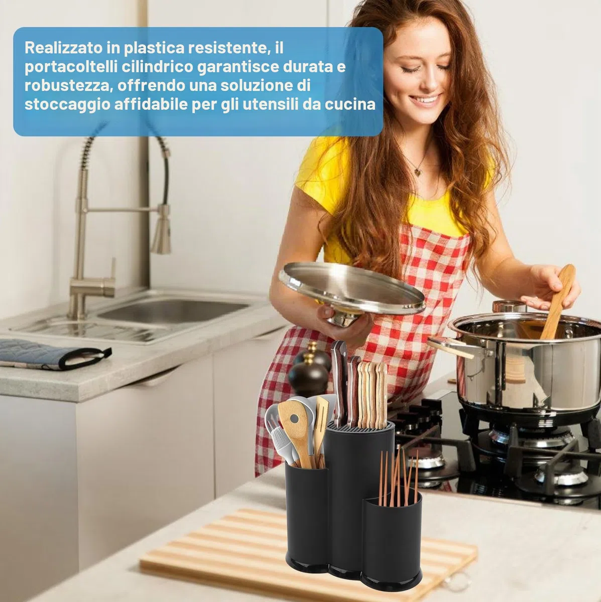 Blocco Universale Rotondo Nero 3-in-1 Senza Coltelli: Salvaspazio, Igienico Adatto per Tutti I Coltelli da Cucina (23 X 22cm)