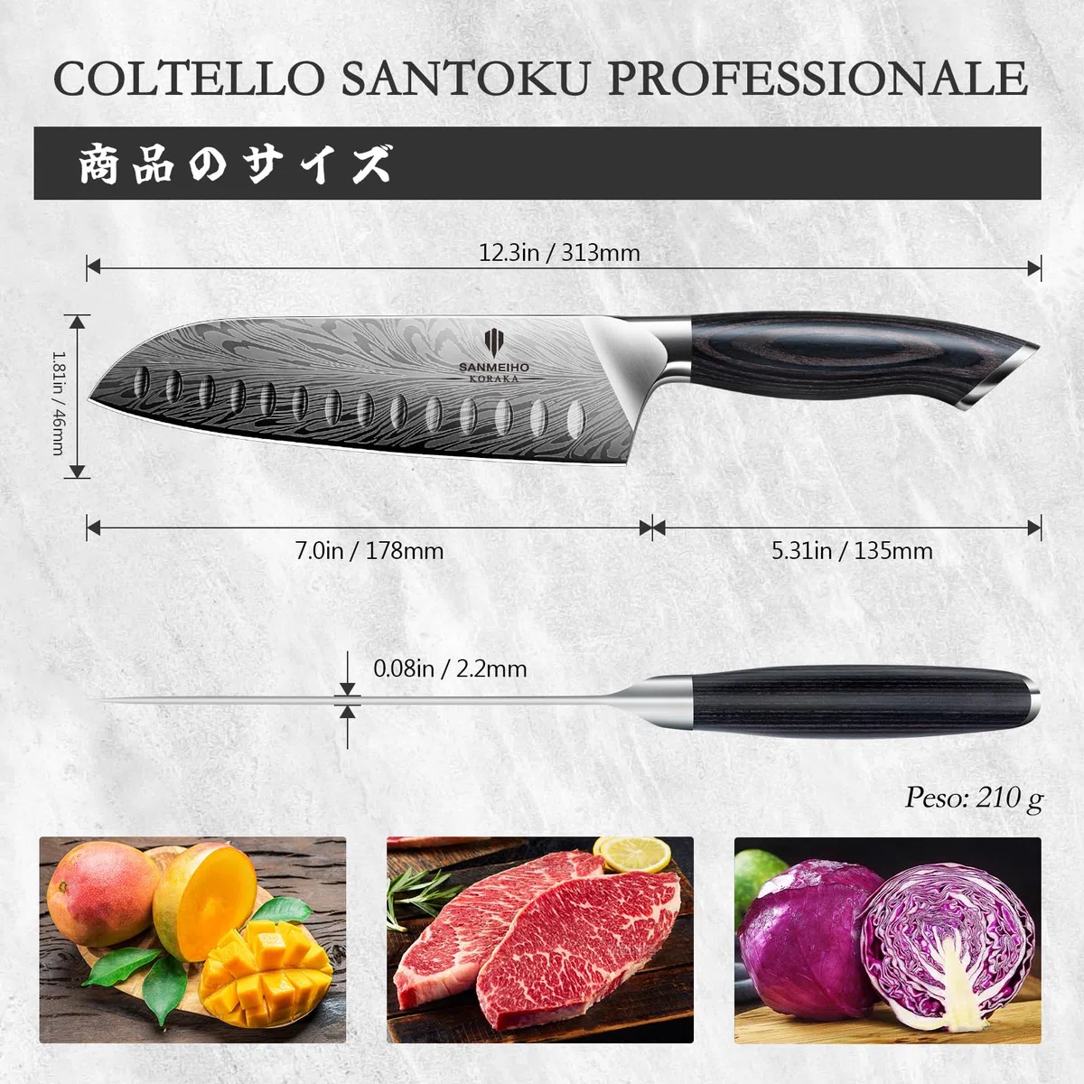 SANMEIHO Coltelli da Cucina in Acciaio a Polvere, Coltello Giapponese Santoku 20 cm Ultra Affilati Coltello da Chef Multiuso Professionale ad alto Tenore di Carbonio con Manico Ergonomica in Pakkawood