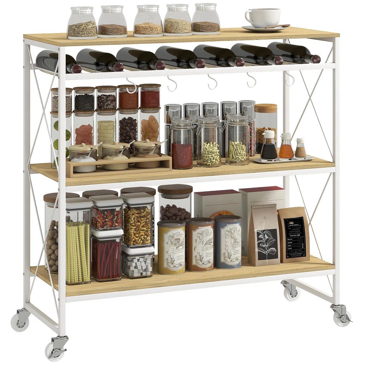 HOMCOM Carrello da Cucina a 4 Livelli con Portabottiglie e 5 Ganci Rimovibili, Carrello Portavivande Salvaspazio con Ruote a Freno in Legno e Metallo, 96.5x38x96.7 cm, Color Legno