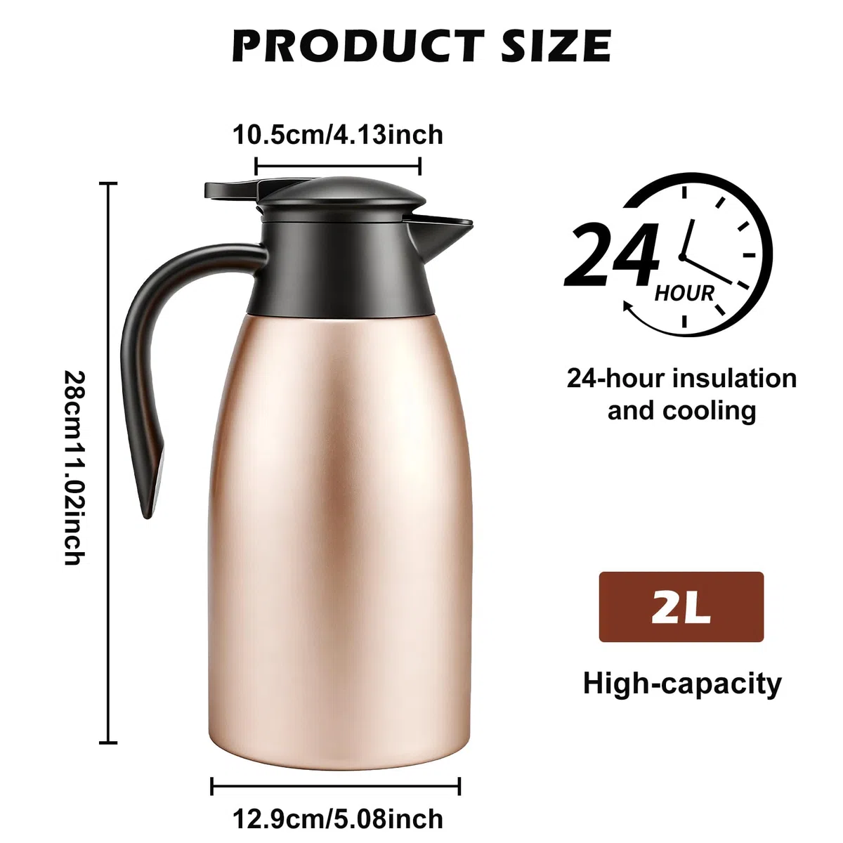 Thermos da 2 litri, thermos a doppia parete, isolamento sottovuoto, caffettiera isolata con manico e beccuccio, caffettiera per caffè caldo e freddo (colore oro rosa)