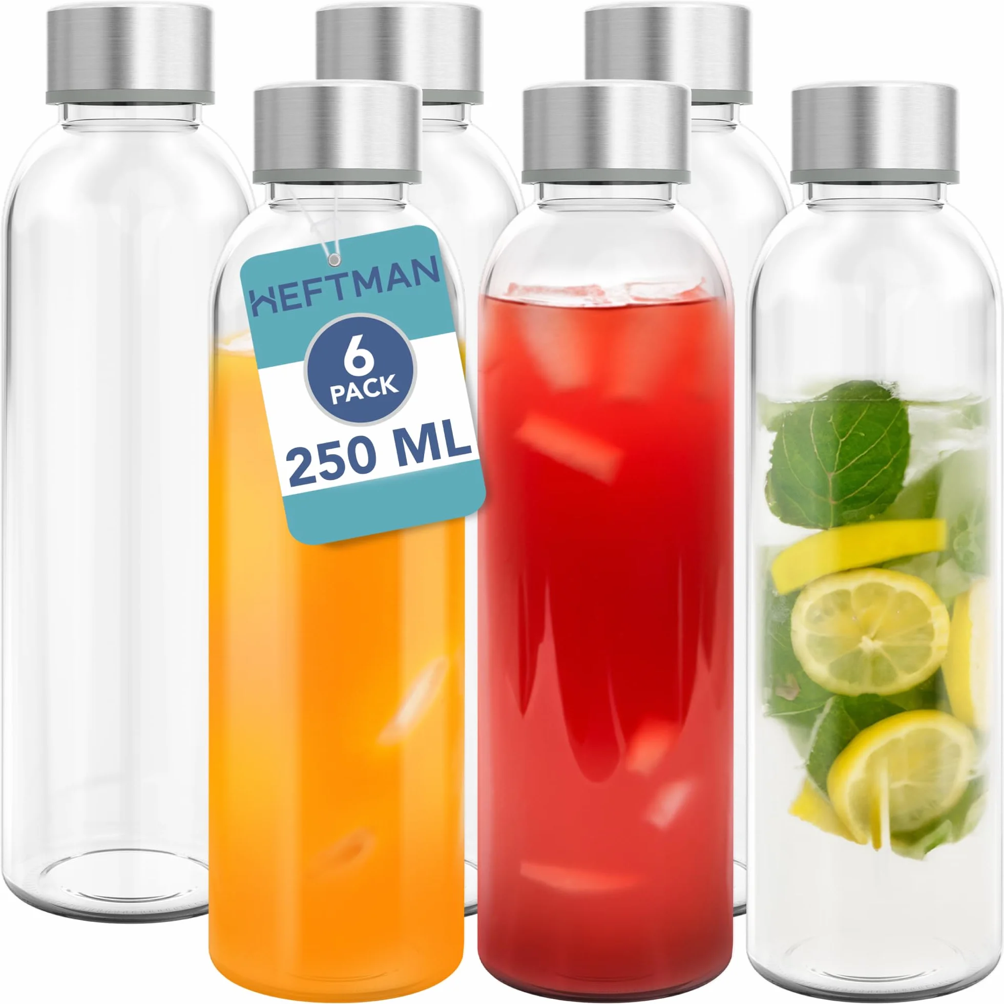 HEFTMAN Bottiglie in vetro da 250ml con coperchio, confezione da 6 bottiglie vuote in vetro, ermetiche, a tenuta stagna, coperchi in acciaio inox, per acqua, frullati, succhi di frutta, per lavoro