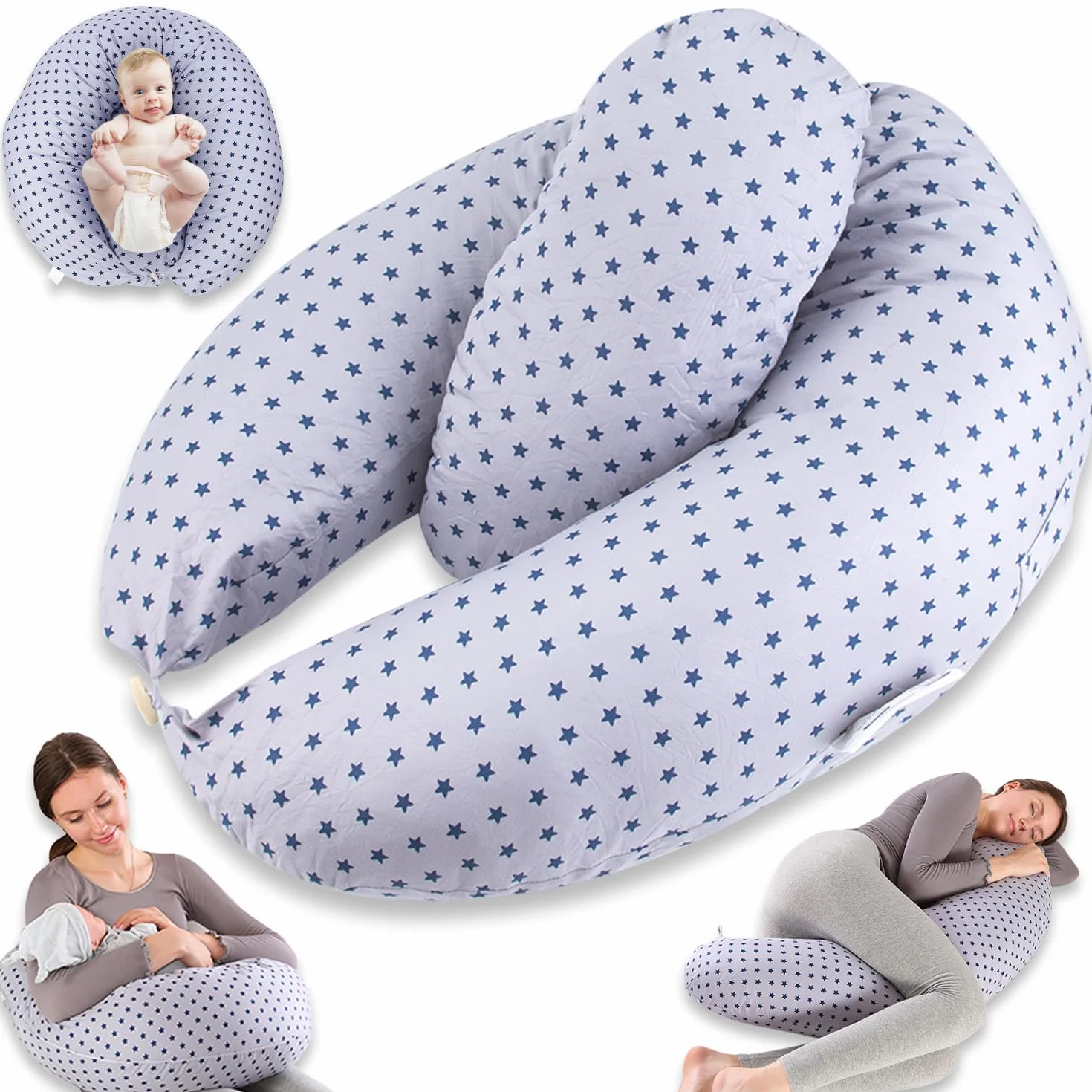 Chilling Home Cuscino Gravidanza 2 in 1 XXL,Cuscino Allattamento per Neonato, Cuscino Gravidanza per Dormire con Cuscino Interno e Federa in Cotone,Cuscino Allattamento e Gravidanza (Blu)