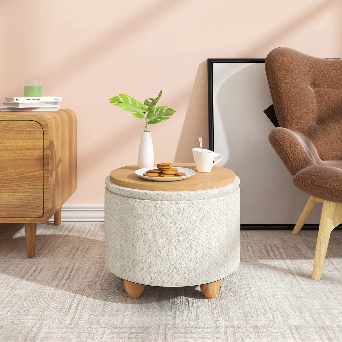 WOLTU Pouf Contenitore con Coperchio, Pouf Poggiapiedi in Lino Grosso, Sgabello Tondo Salvaspazio con Gambe in Legno di Pino per Soggiorno, Corriodio, Camera, Ø 39x33 cm, Beige