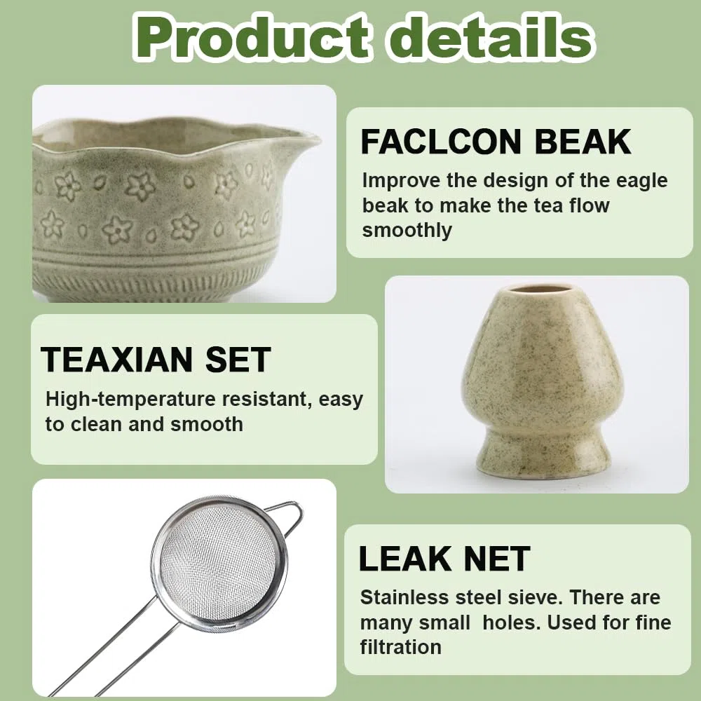 5 Pezzi Matcha Kit, Matcha Set con Frusta Macha e Supporto per Frusta, Ciotola con Beccuccio, Cucchiaio Macha, Colino, Adatto per la Casa, l'Ufficio e Come Regalo