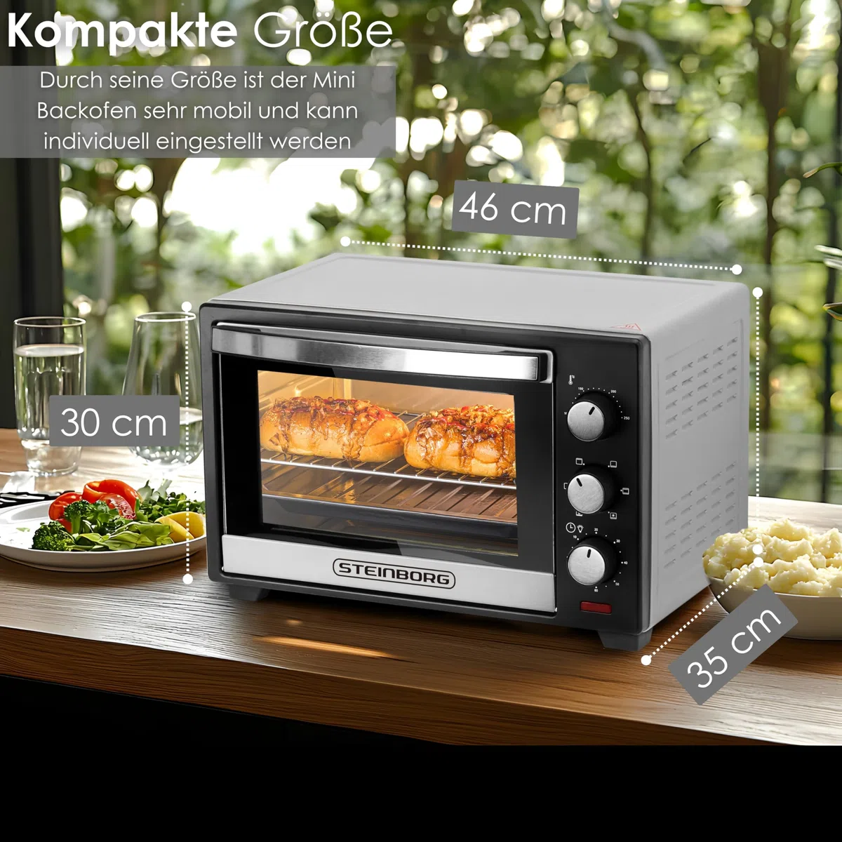 Steinborg Mini forno elettrico da 25 litri – forno per pizza 3 in 1 con calore superiore/inferiore e convezione d'aria, mini forno da 1600 Watt con timer da 60 minuti e teglia per briciole