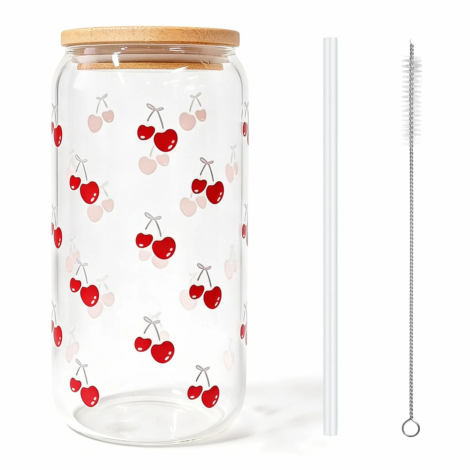 Bicchiere Estivo in Vetro con Motivo Ciliegia, Bicchiere Riutilizzabile per Bevande, con Coperchio in bambù E Cannuccia, Contenitore Portatile per Drink Freddi,