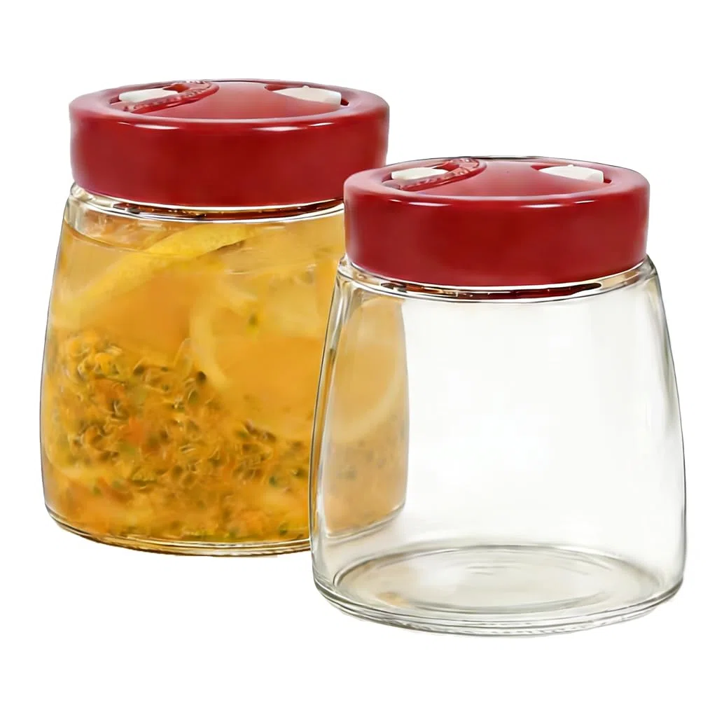 Set di 2 bicchieri da fermentazione da 1 l, con valvola dell'aria, per kimchi, contenitore per fermentazione di crauti e lievitazione, contenitore in vetro per kombucha e verdure, senza BPA