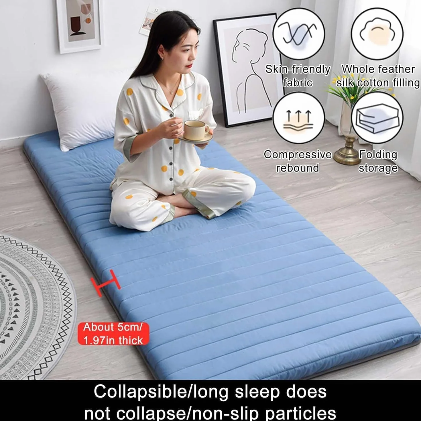 Materassino giapponese per tatami pieghevole, con borsa sottovuoto riutilizzabile, in cotone, design arrotolabile, per rilassarsi, letto per ospiti, campeggio, dormitorio studentesco, blu, 90 x 190 cm