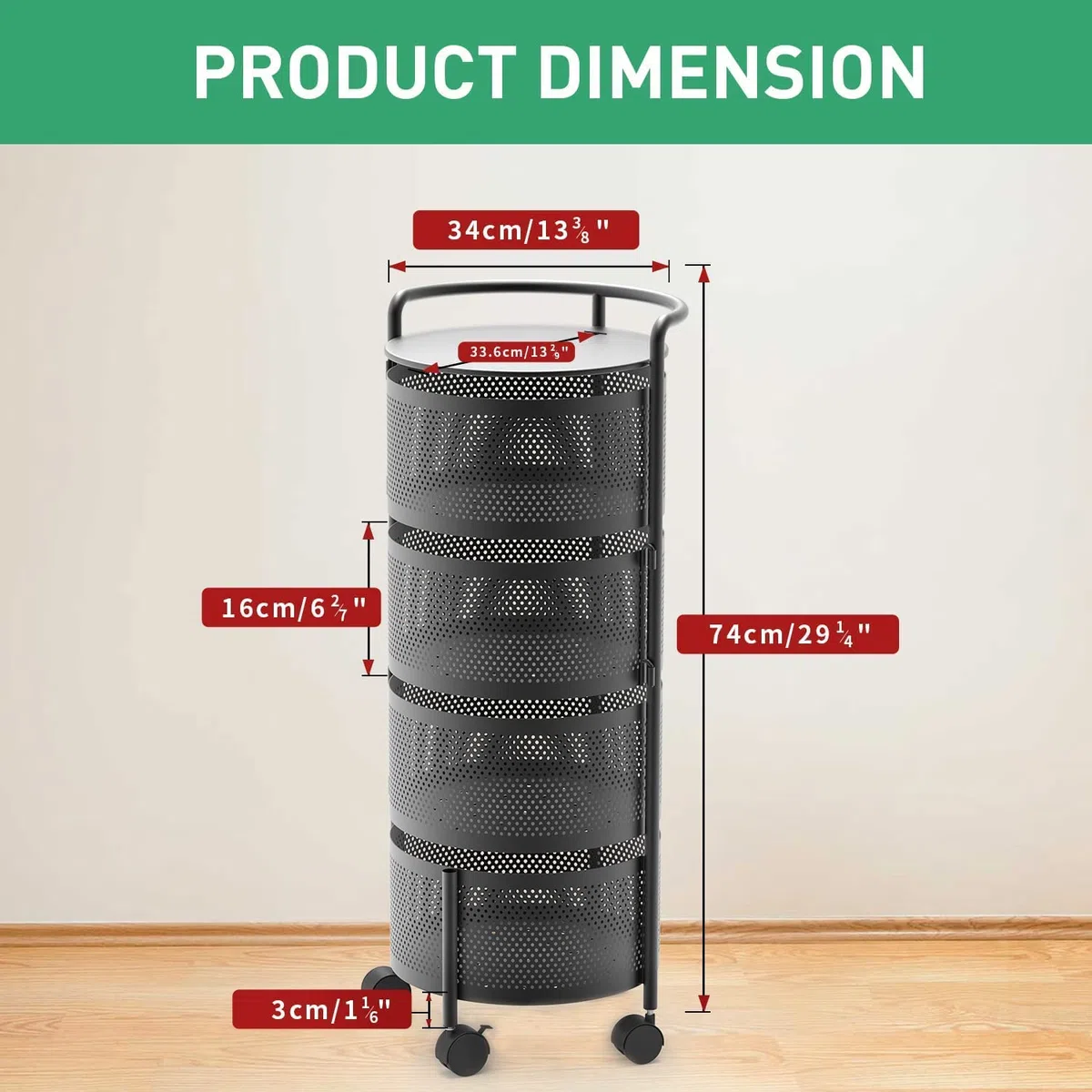 Megashopitalia Carrello Porta verdure Cesto di Frutta a 5 Livelli con Ruote per Conservare da Cucina Nero 34 X 30 X 75 CM H