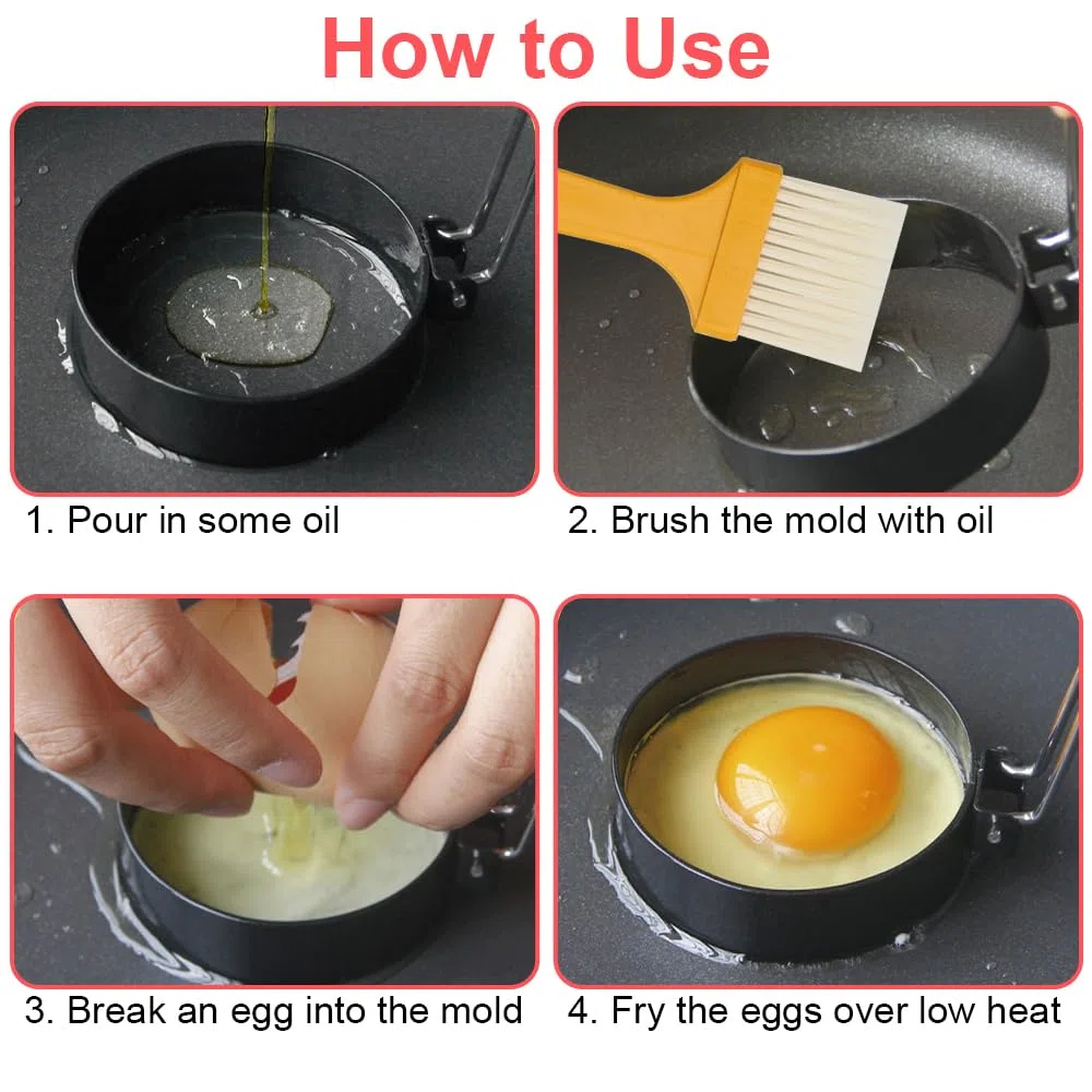 4 Pezzi Stampo Pancake 7.6cm con Maniglia Pieghevole Anelli per Uova in Acciaio Inox con Manici Pieghevoli in Silicone e Spazzola per Olio Stampo per Pancake per Omelette Frittelle Dolci Muffin