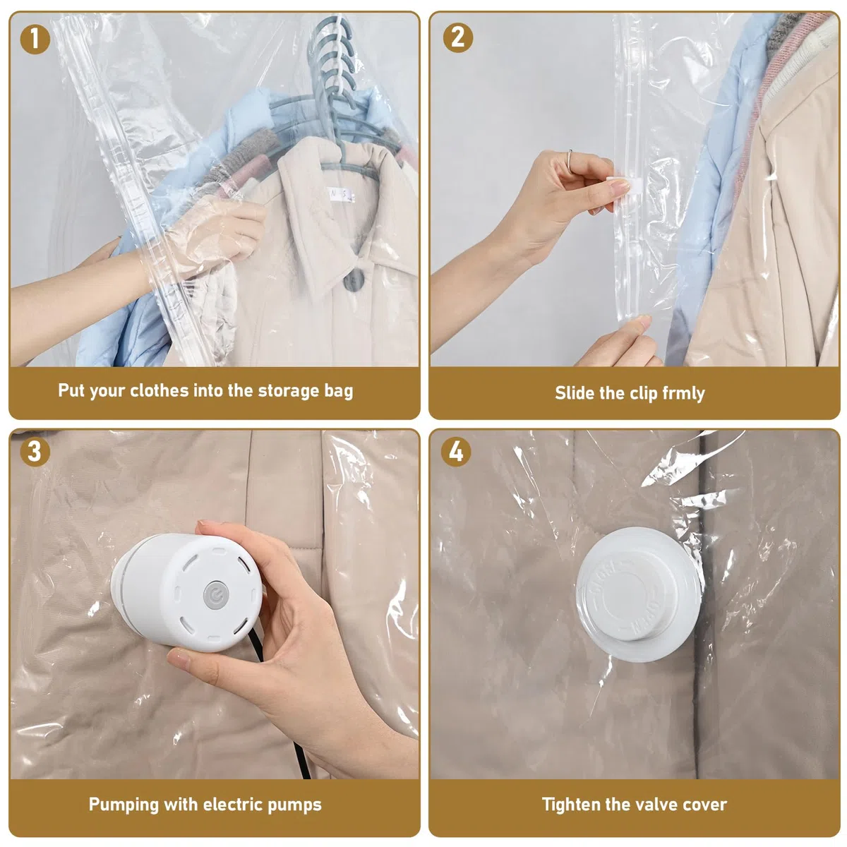 Sacchetti sottovuoto vestiti da appendere, 4 pezzi Vacuum storage bags salvaspazio per vestiti, organizer per armadio, Sacchetti vestitii trasparente e riutilizzabile (4, 105x70cm)
