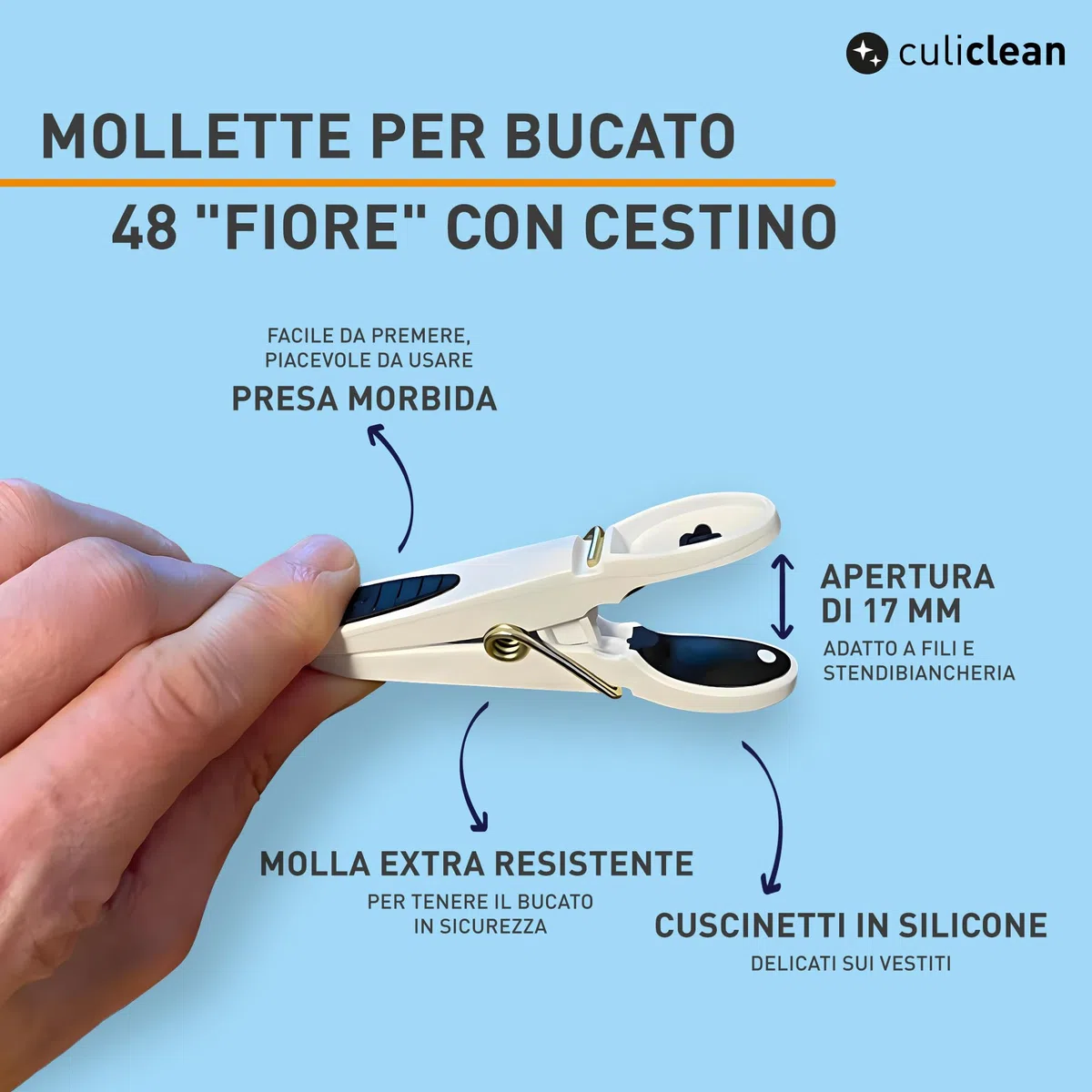 culiclean - Mollette da bucato premium, diversi modelli, Plastica, bianco e nero con cestino bianco e manico nero., 40 Stück+ 1 Korb