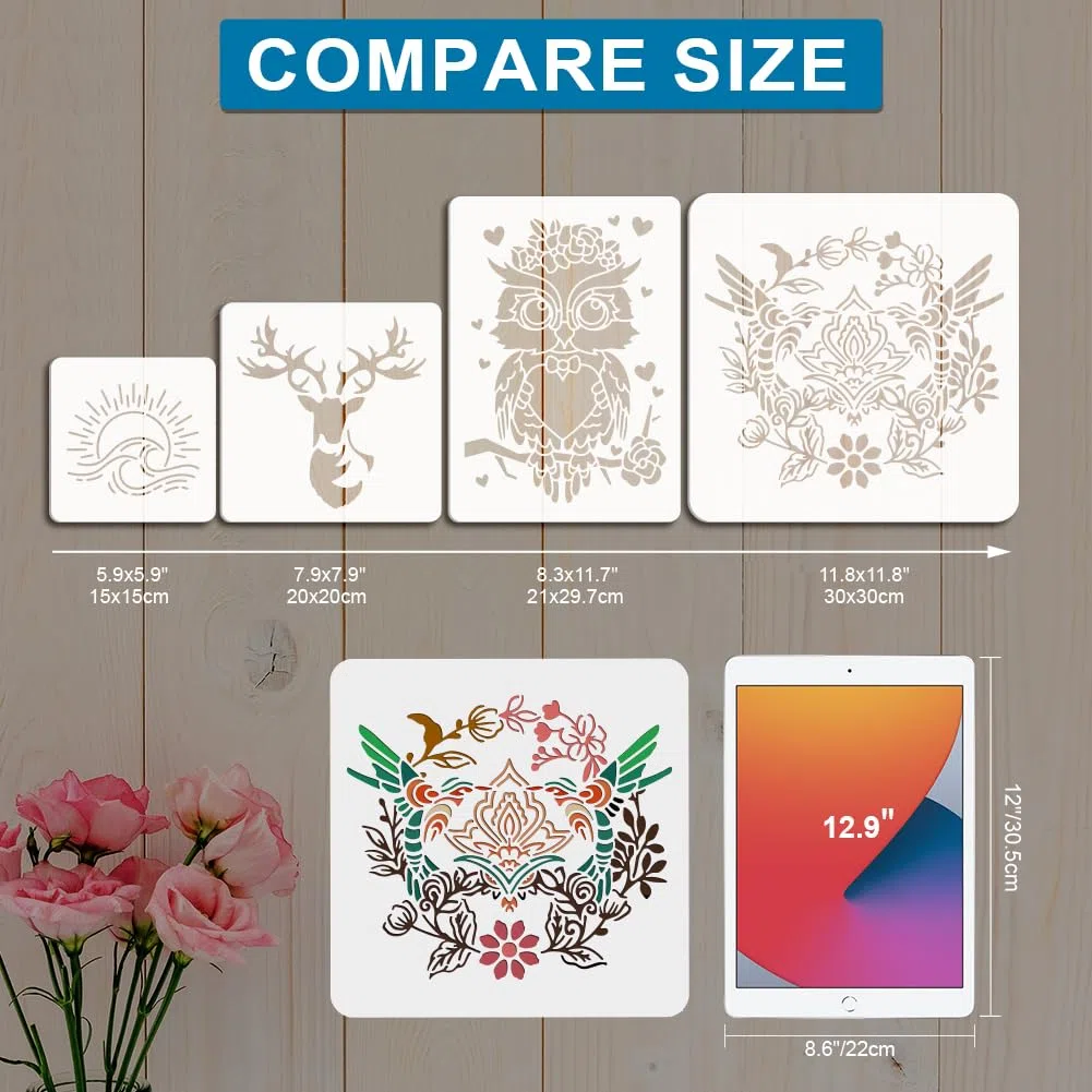 MAYJOYDIY 2 stencil a forma di scuola di pesce, 30 x 30 cm, con pennello per vernice, riutilizzabile, grande modello a tema oceano, per artigianato e decorazioni su legno, pareti, mobili, tessuto