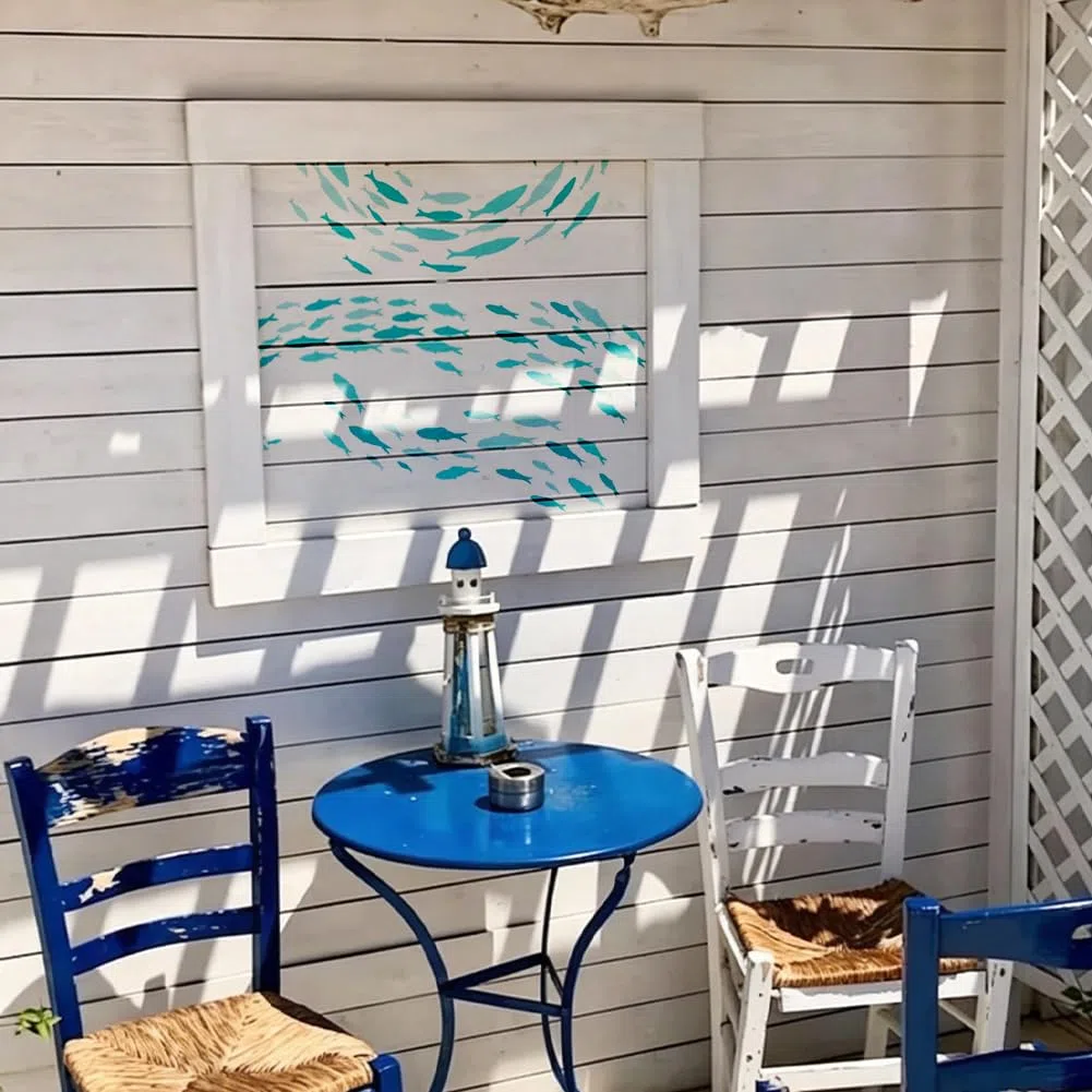 MAYJOYDIY 2 stencil a forma di scuola di pesce, 30 x 30 cm, con pennello per vernice, riutilizzabile, grande modello a tema oceano, per artigianato e decorazioni su legno, pareti, mobili, tessuto