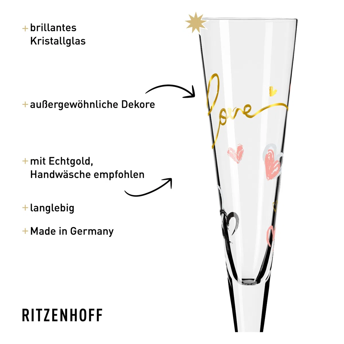 RITZENHOFF 6031004 Bicchiere da champagne 200 ml - Serie Goldnacht Duett 2023-2x pezzo di design con oro vero - Made in Germany