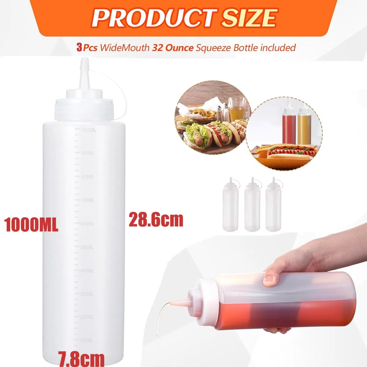 3 pezzi biberon cucina,1000ml squeeze bottle,dispenser olio, in plastica, per ketchup, salse calde, barbecue, salse per insalate, pittura, olio d'oliva