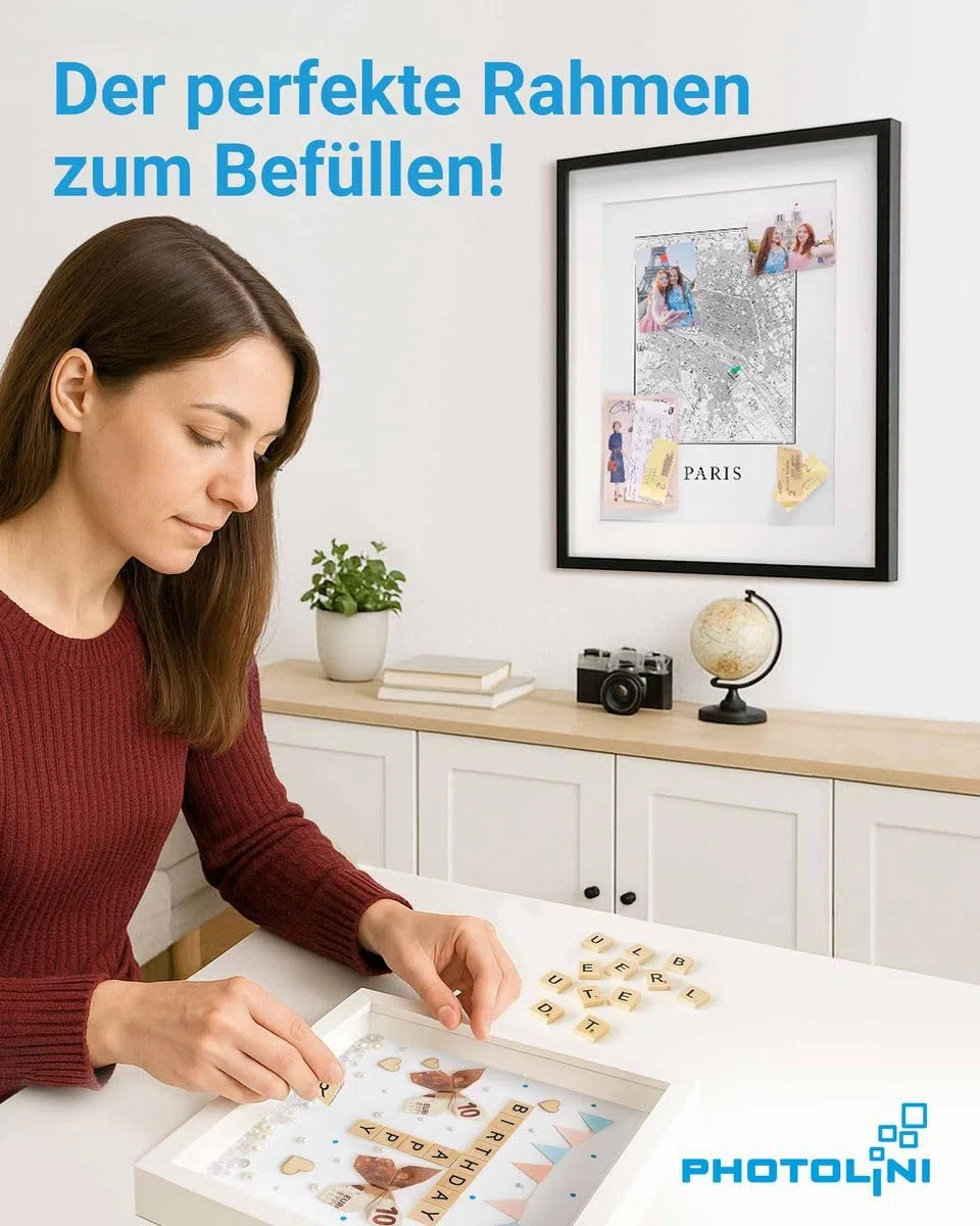 PHOTOLINI 3D cornice A4 21x30 cm bianco, profonda con vetro e passe-partout, cornice per oggetti fino a 1,5 cm di profondità, legno MDF - perfetta per il fai da te e come regalo