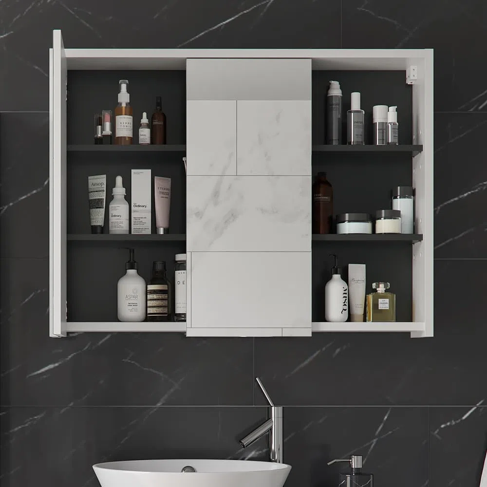 Vicco Specchio contenitore bagno Viola, Bianco/antracite, 100 x 75 cm, per montaggio a parete con ripiani aperti