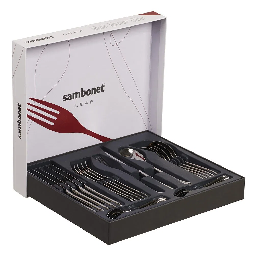 Sambonet 52163-81 Leaf - Set di Posate da Tavola monoblocco in acciaio inox 18/10, per 6 persone, 24 pezzi: 6 forchette, 6 cucchiai, 6 coltelli, 6 cucchiaini da tè
