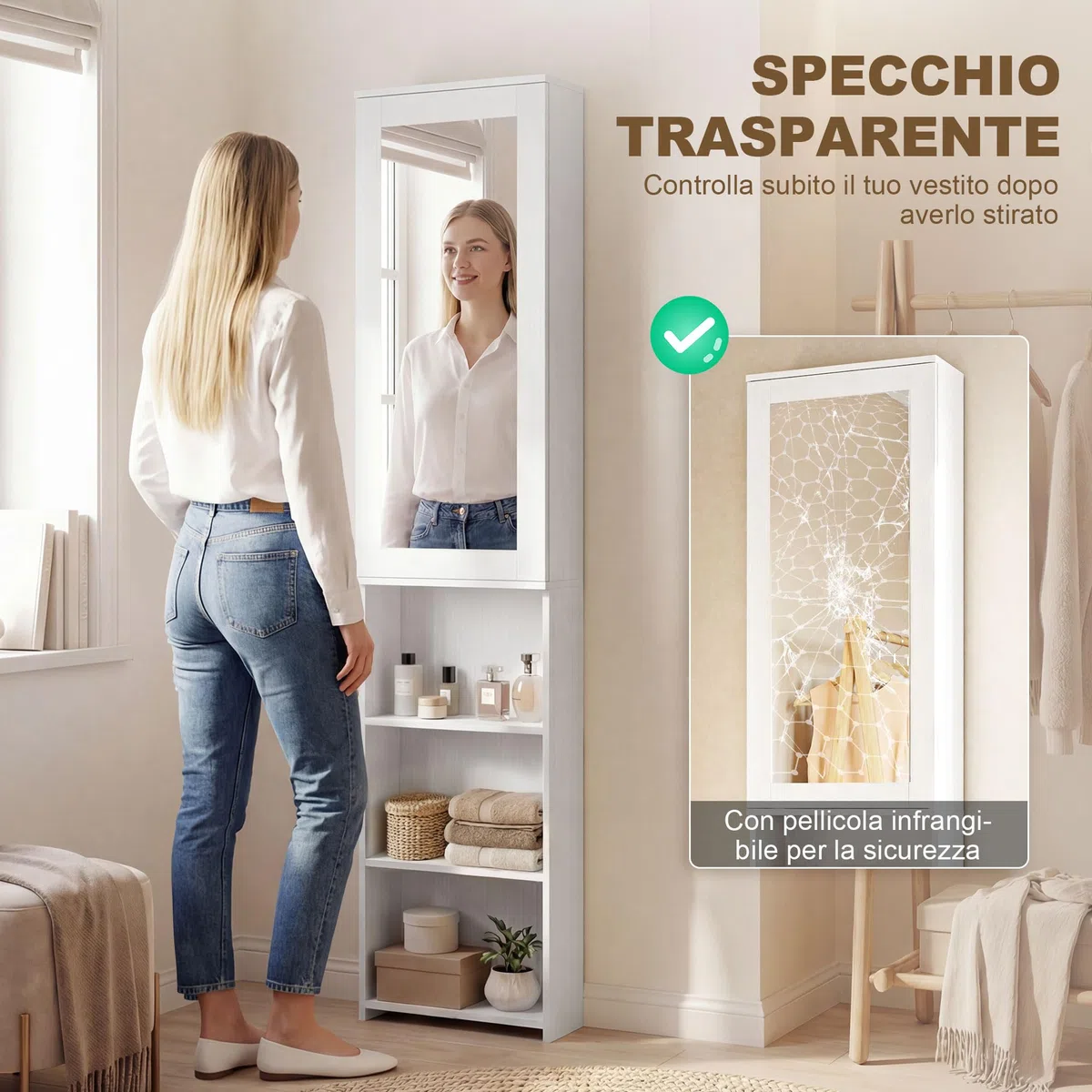 HOMCOM Mobile Asse da Stiro Pieghevole Salvaspazio con Specchio, Mobile da Stiro Multiuso con 6 Scomparti, 2 Ganci, per Lavanderia Bagno, 107x35x174 cm, Bianco