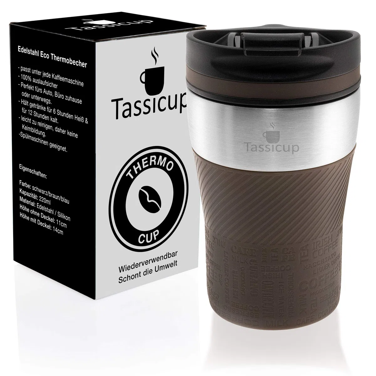 Tazza termica da viaggio, 250 ml, tazza da viaggio, in acciaio inox, per caffè, tè, caffè, caffè, tè, bevande, coperchio a prova di perdite, con chiusura a clip, colore nero