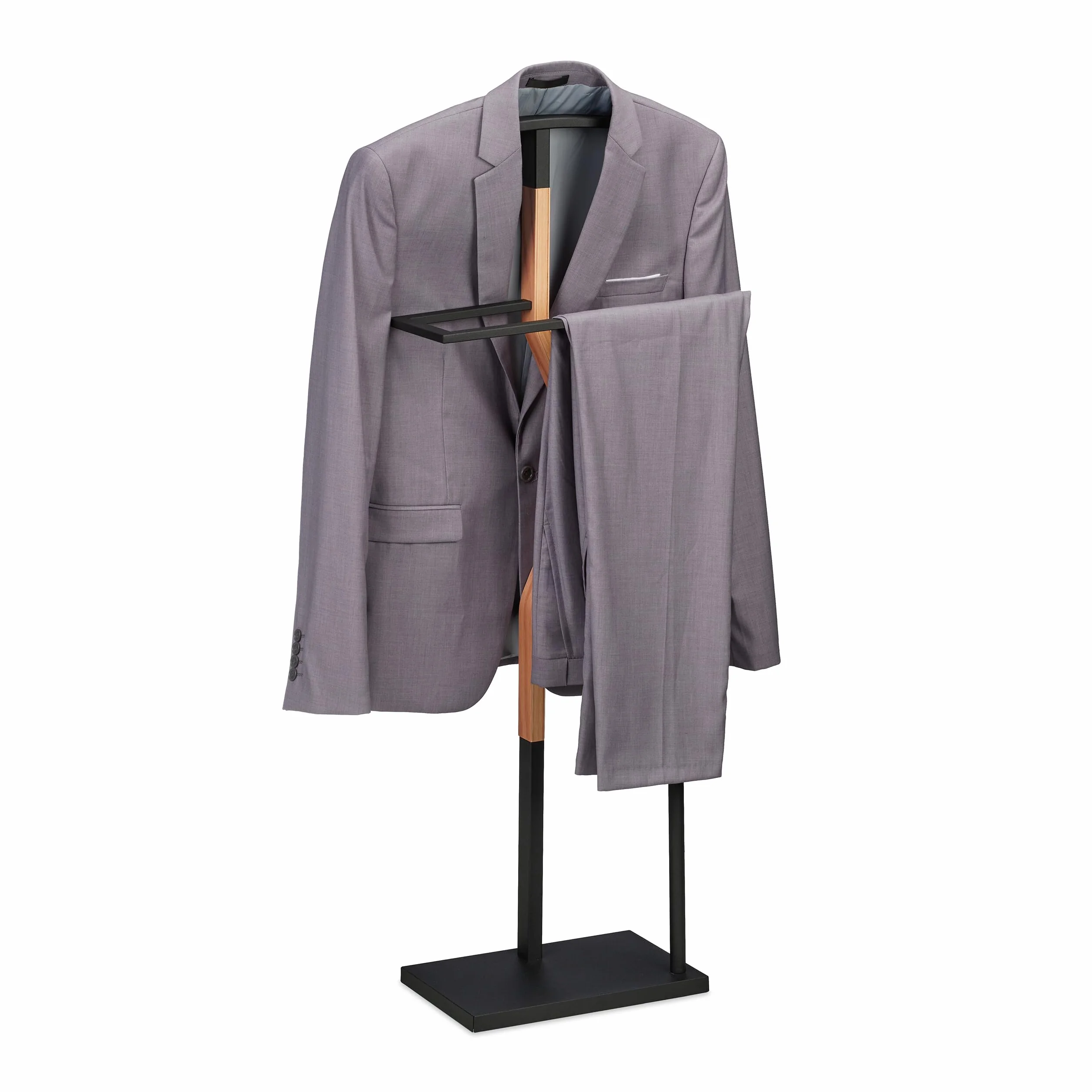 Relaxdays Servo Muto da Camera, Appendiabiti da Terra per Giacca e Pantalone 107x48x20 cm, Acciaio e MDF, Nero Marrone