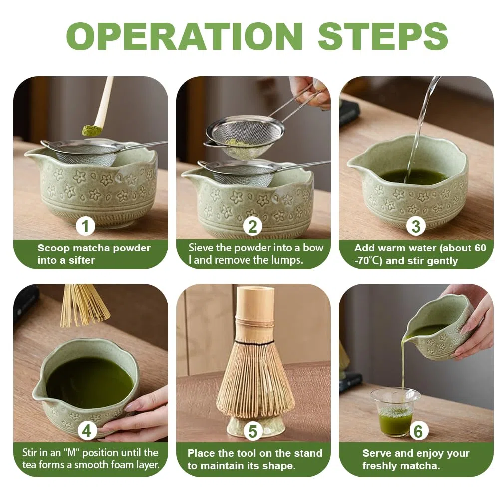 5 Pezzi Matcha Kit, Matcha Set con Frusta Macha e Supporto per Frusta, Ciotola con Beccuccio, Cucchiaio Macha, Colino, Adatto per la Casa, l'Ufficio e Come Regalo
