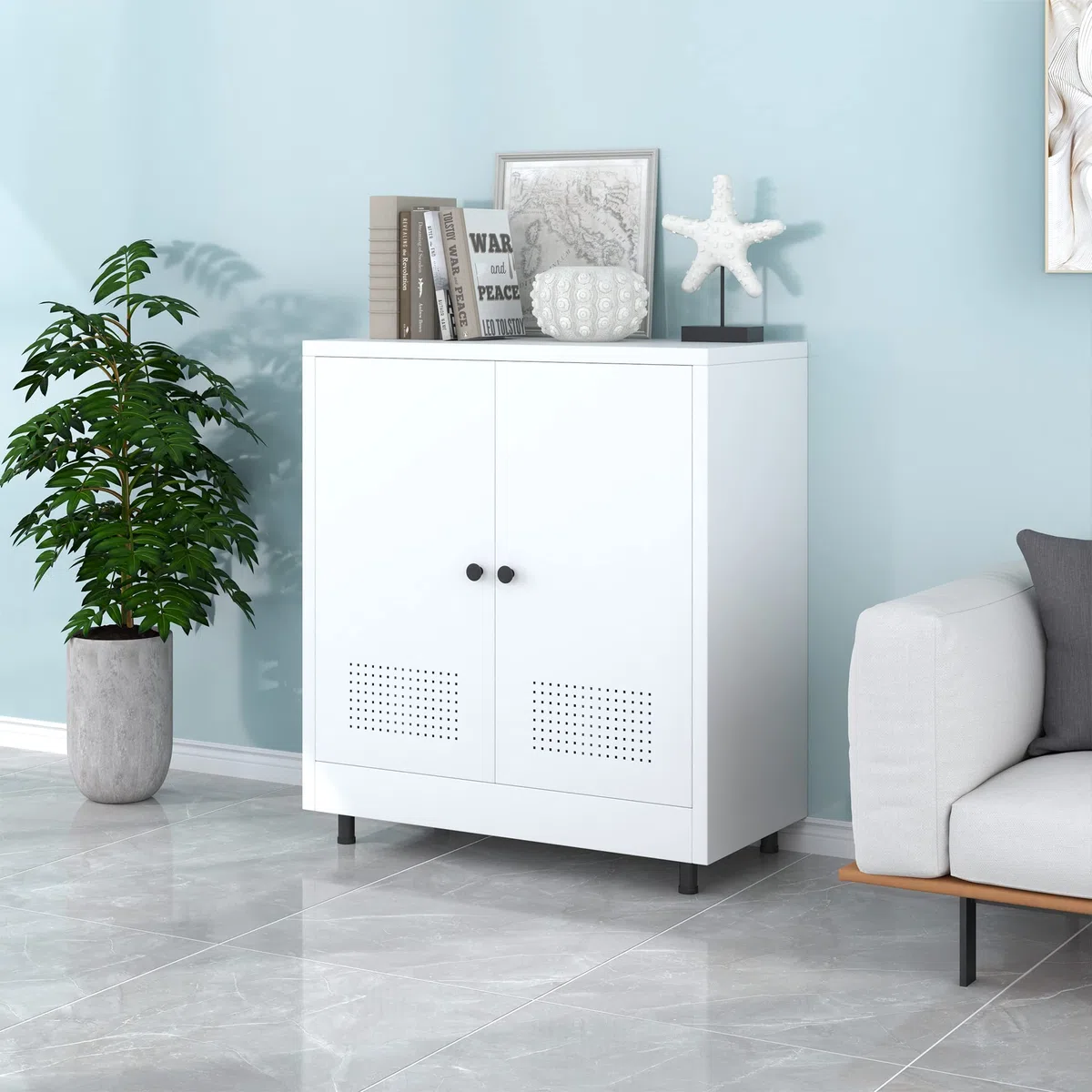 Armadietto in metallo con 2 ante e ripiano regolabile, credenza in acciaio per casa, ufficio, ingresso, soggiorno, dispensa e sala da pranzo (bianco)