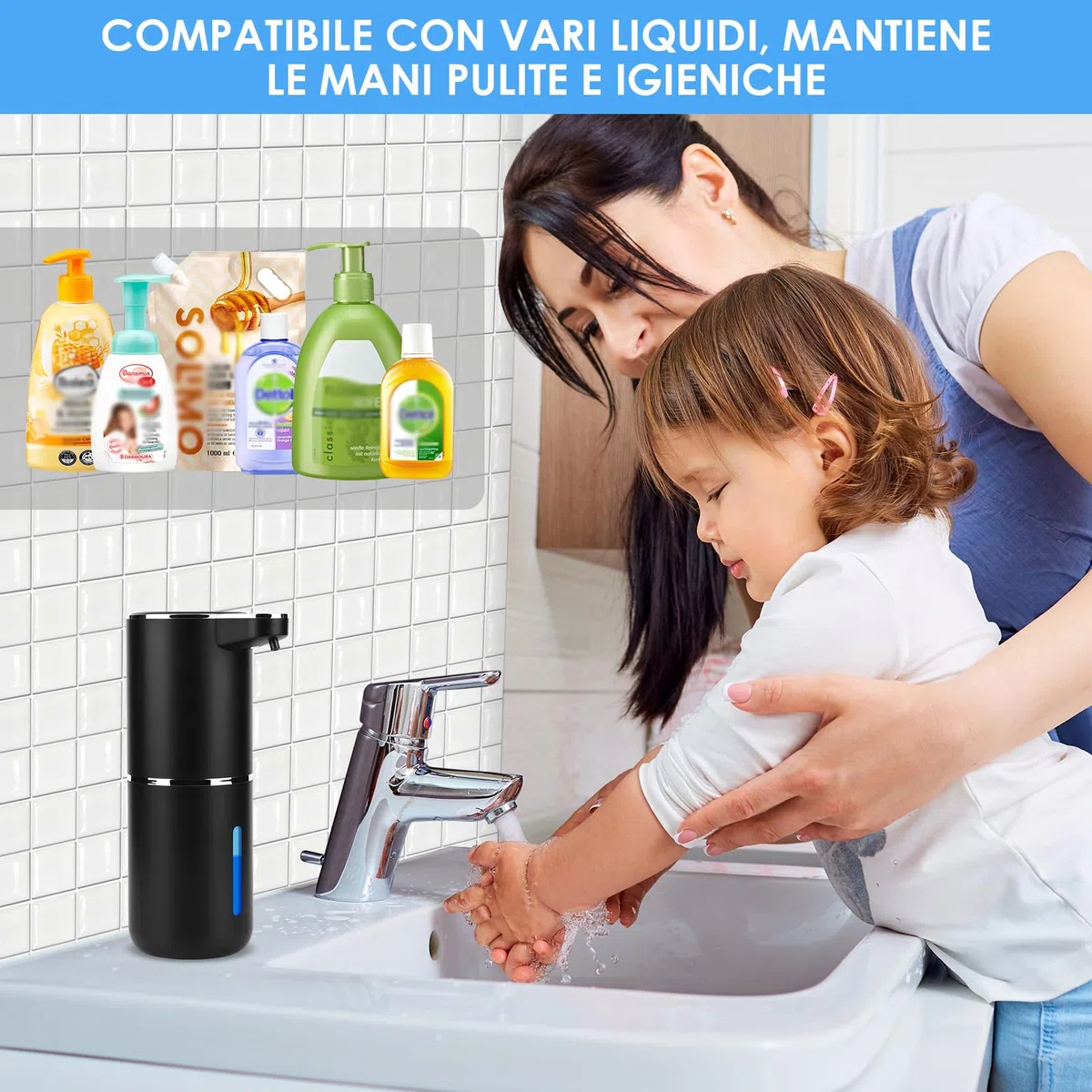 Dispenser Sapone Bagno, 380ml Dispenser Sapone Automatico, Dosatore Sapone Cucina Automatico con Sensore di Movimento Infrarossi, Usb Ricaricabile, Impermeabile IPX5, Per Bagno,Cucina (Nero)