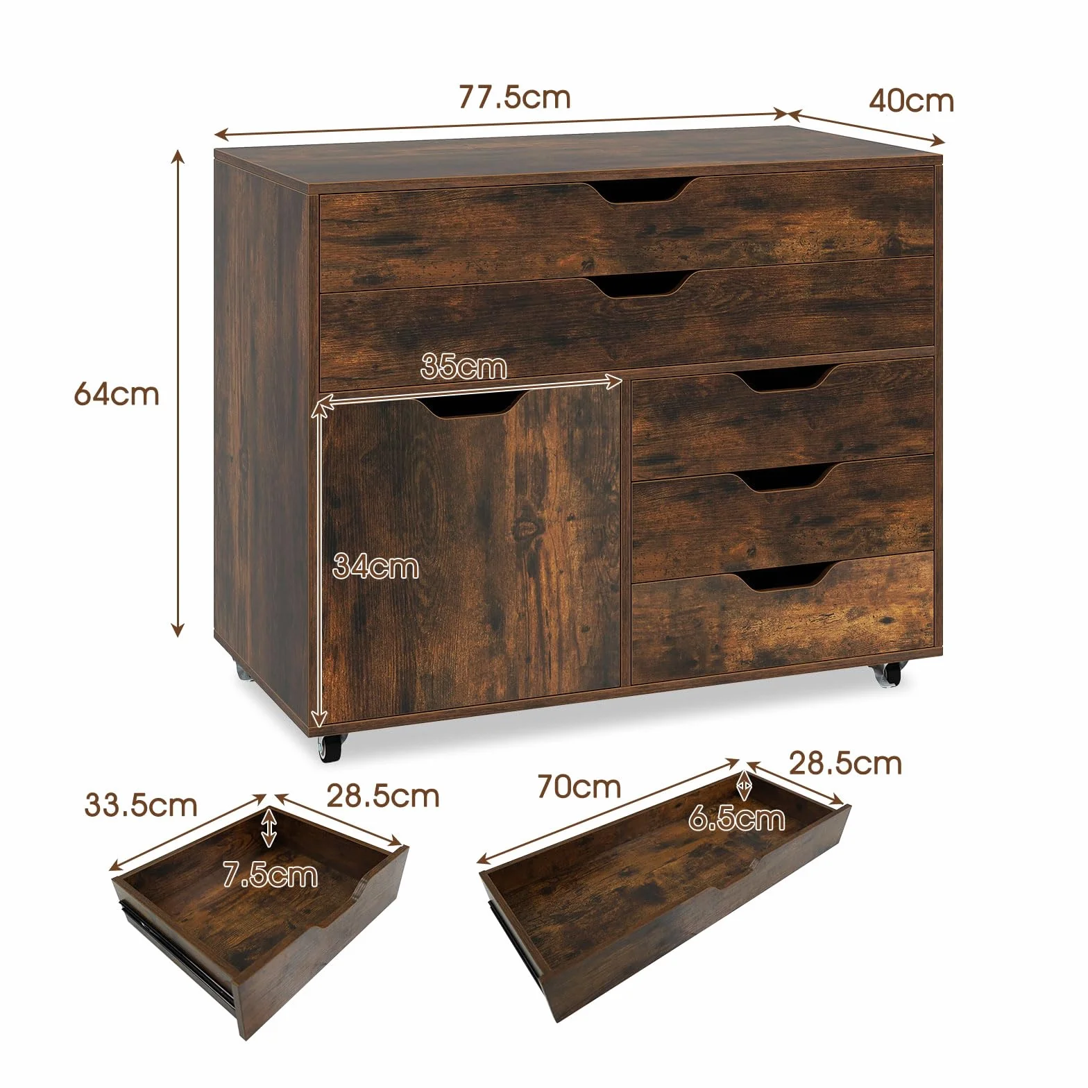 KOMFOTTEU Armadietto portaoggetti, 5 cassetti in 2 dimensioni, scatola portaoggetti mobile con armadio ad ante, mobile da ufficio, 5 ruote universali, 77,5 x 40 x 64 cm (industriale)