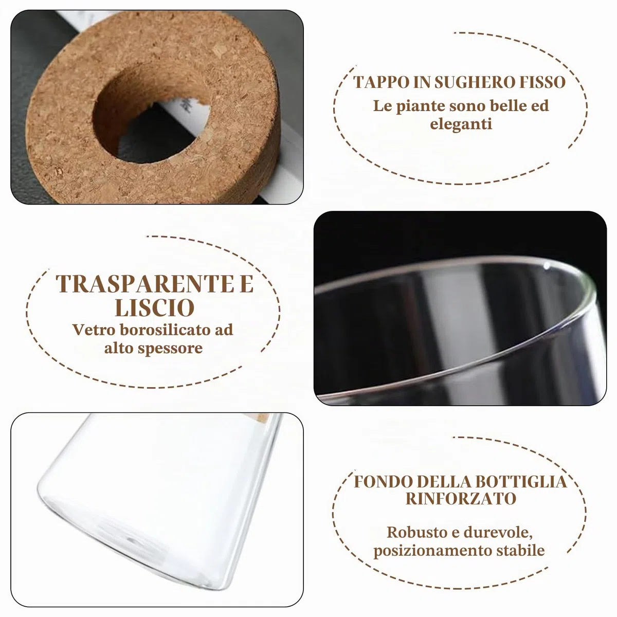2 Vaso Idroponico di Vetro Con Base e Tappi in Sughero - Trasparente da Scrivania per Idrocoltura - Per Casa, Ufficio e Decorazione