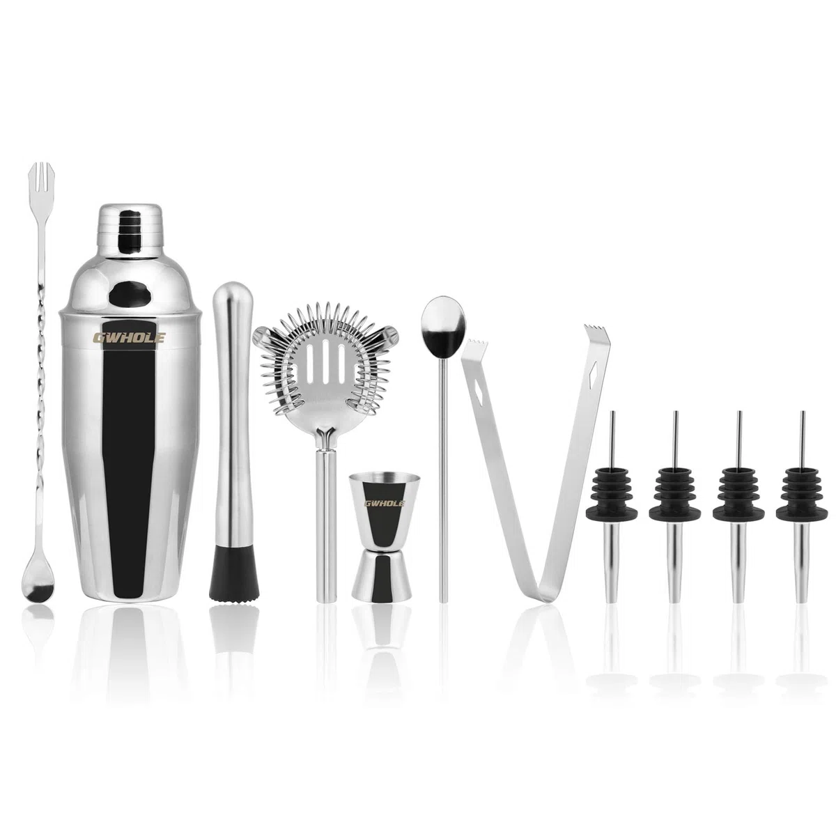 GWHOLE Set di 11 Shaker per Cocktail, Kit da Barman in Acciaio Inox con Ricette (e-Book) in Elegante Scatola Regalo