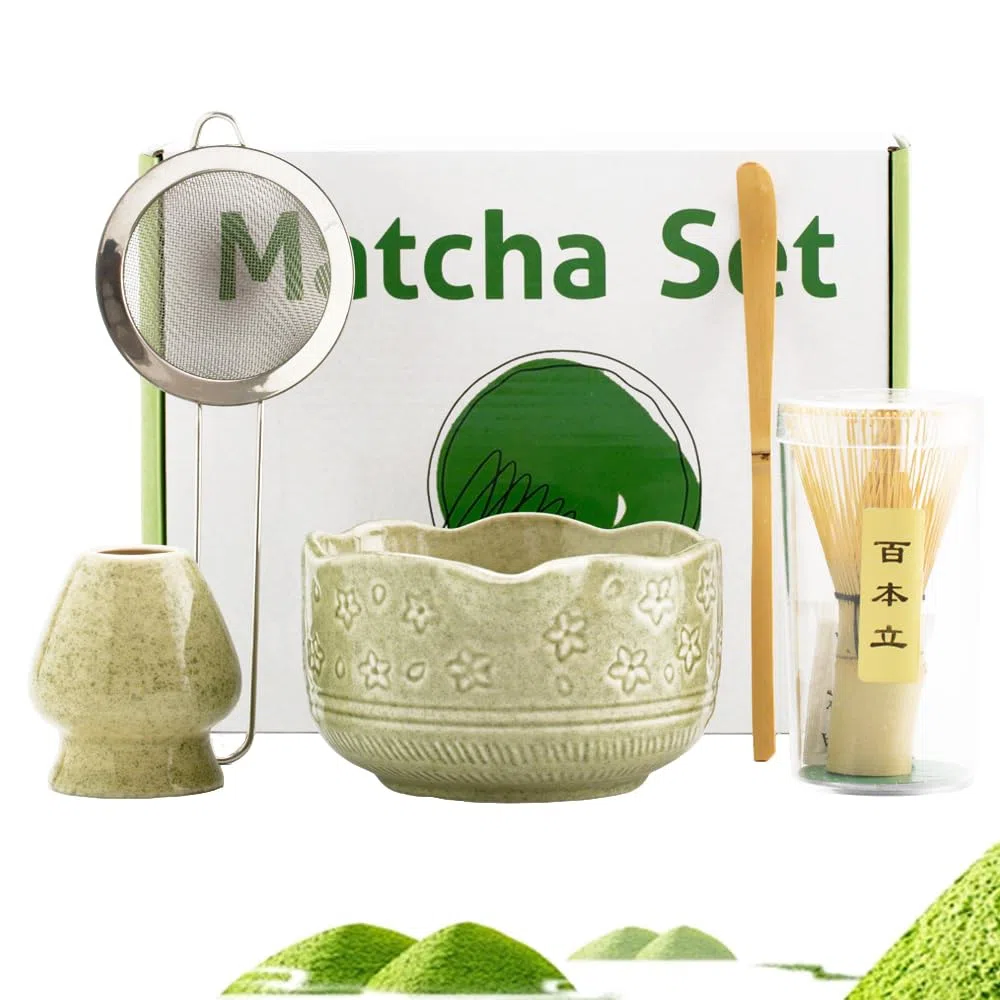 5 Pezzi Matcha Kit, Matcha Set con Frusta Macha e Supporto per Frusta, Ciotola con Beccuccio, Cucchiaio Macha, Colino, Adatto per la Casa, l'Ufficio e Come Regalo