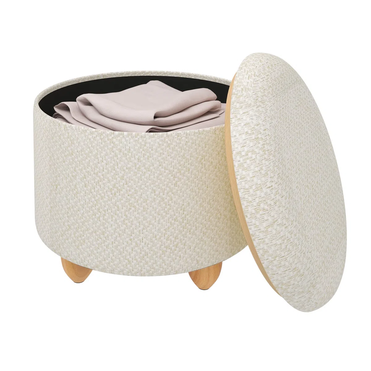 WOLTU Pouf Contenitore con Coperchio, Pouf Poggiapiedi in Lino Grosso, Sgabello Tondo Salvaspazio con Gambe in Legno di Pino per Soggiorno, Corriodio, Camera, Ø 39x33 cm, Beige