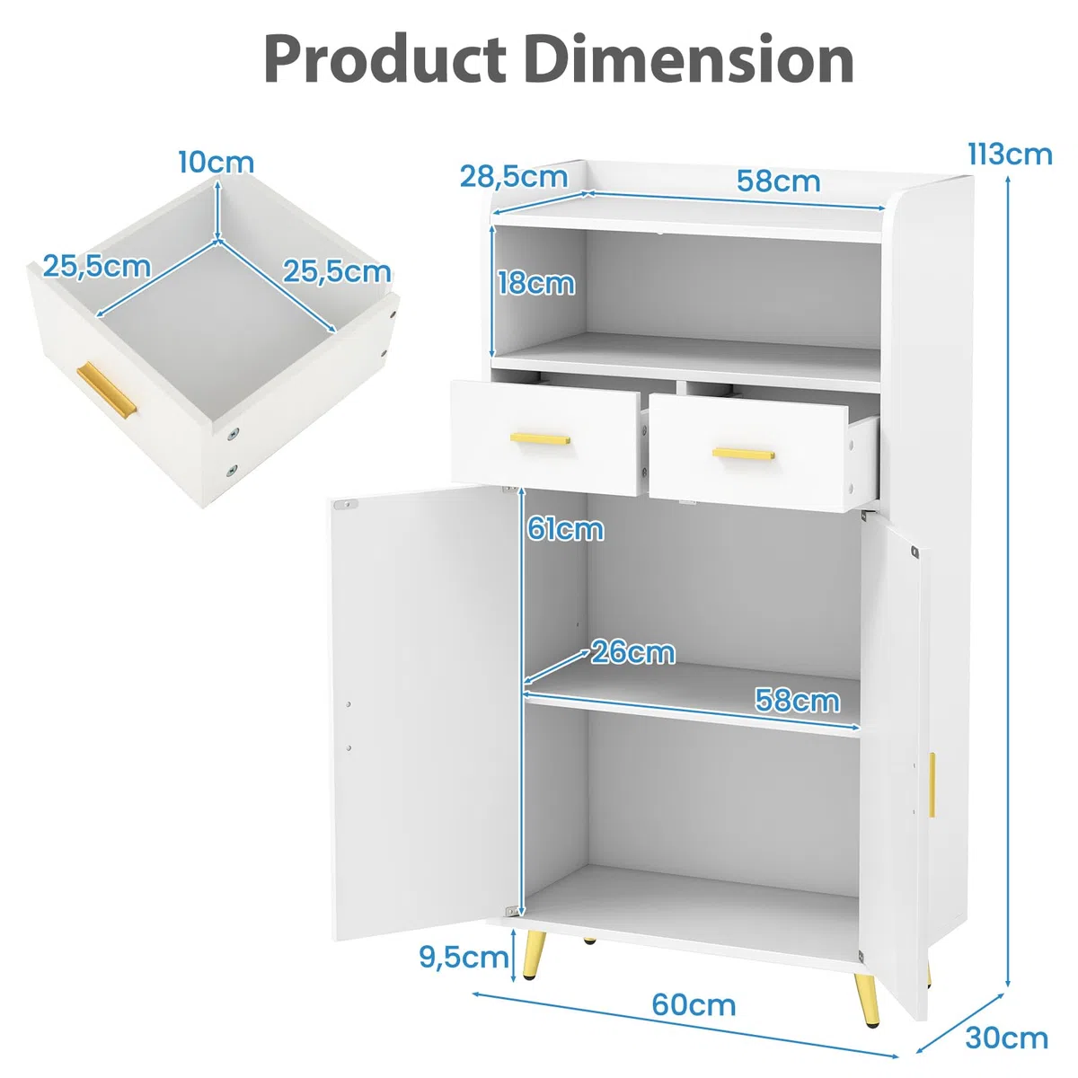 LIFEZEAL Credenza Cucina, Mobile Dispensa, Armadio, Madia, con 2 Ante, Cassetti, Ripiano Regolabile, Scomparto Aperto, Moderno, Salvaspazio, Soggiorno, Sala, Ingresso, in Legno, 60x30x113cm, Bianco