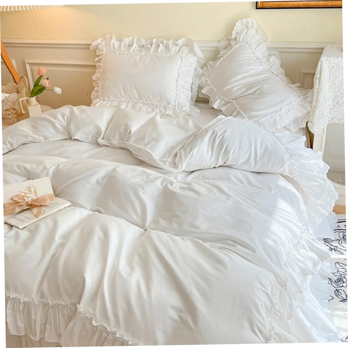 Federe per cuscini bianche, federe per cuscini con volant da 2 pezzi, morbide in cotone da 19x29 pollici con pizzo, elementi essenziali per la casa vintage per camera da letto, letto, federa c