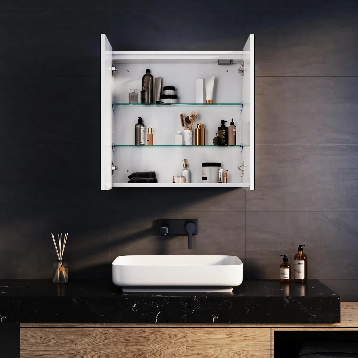 SONNI Armadietto Specchio Bagno con Illuminazione, 3 Colori Luce Regolabile Antiappannamento LED, Mobile Bagno con Specchio Verniciato Ferro a Singola, Design Armadietto Medicina,59x60x14cm
