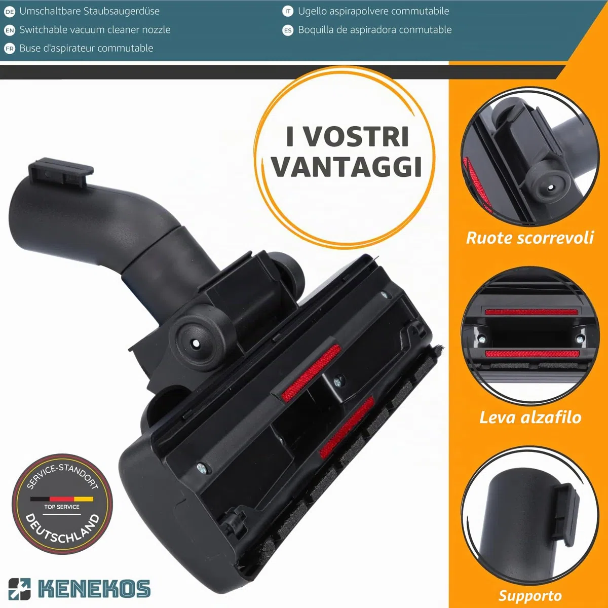 Kenekos - Bocchetta per aspirapolvere per Tubi da 32-35 mm Spazzola Universale per aspirapolvere, Bocchetta per Pavimenti in plastica con 2 rulli Compatibile con Miele AEG Siemens Bosch Kärcher ECC.