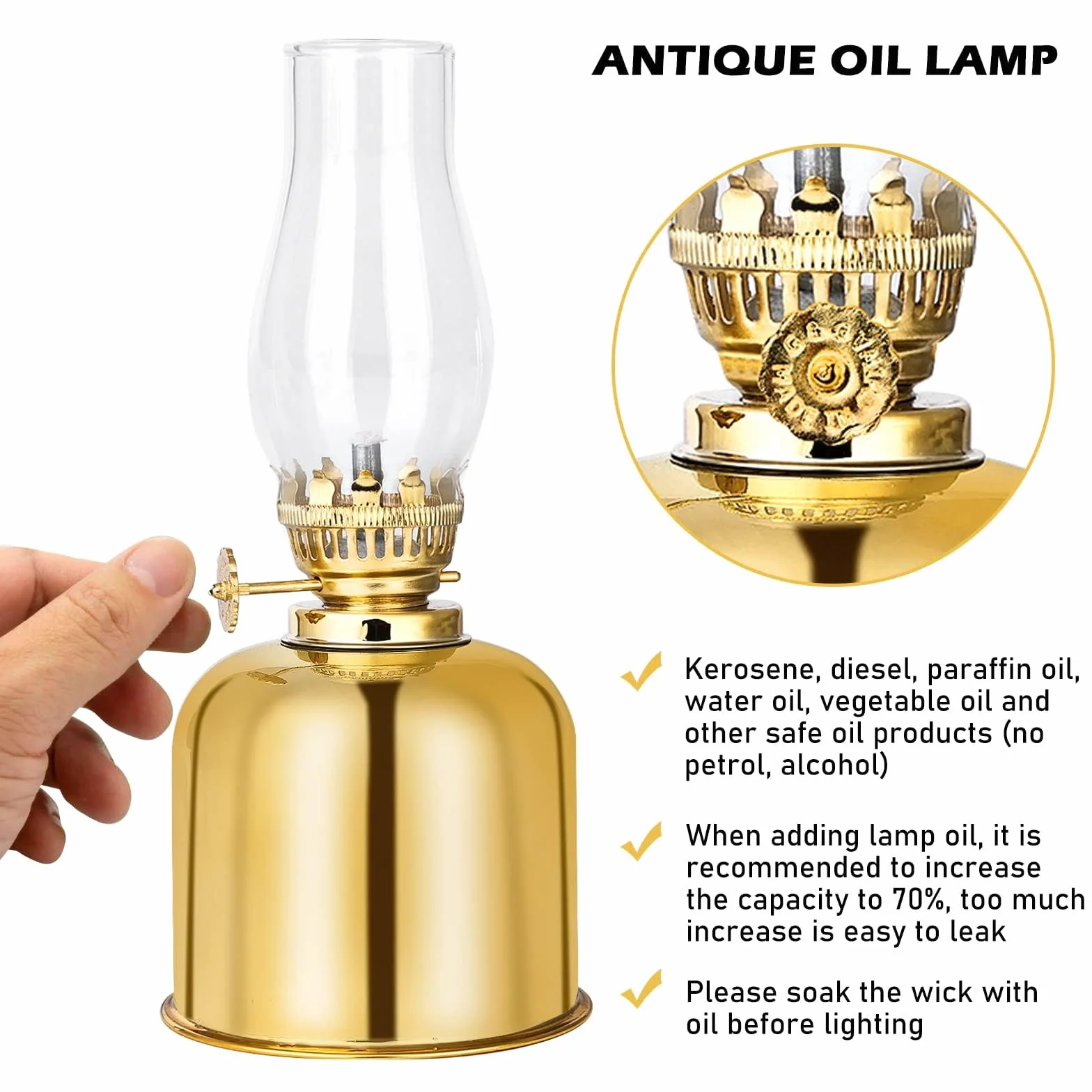 Vegena Lampada a Petrolio, Lanterna in Metallo e Vetro, Antivento, Antica Vintage, Trasparente (Dorato)