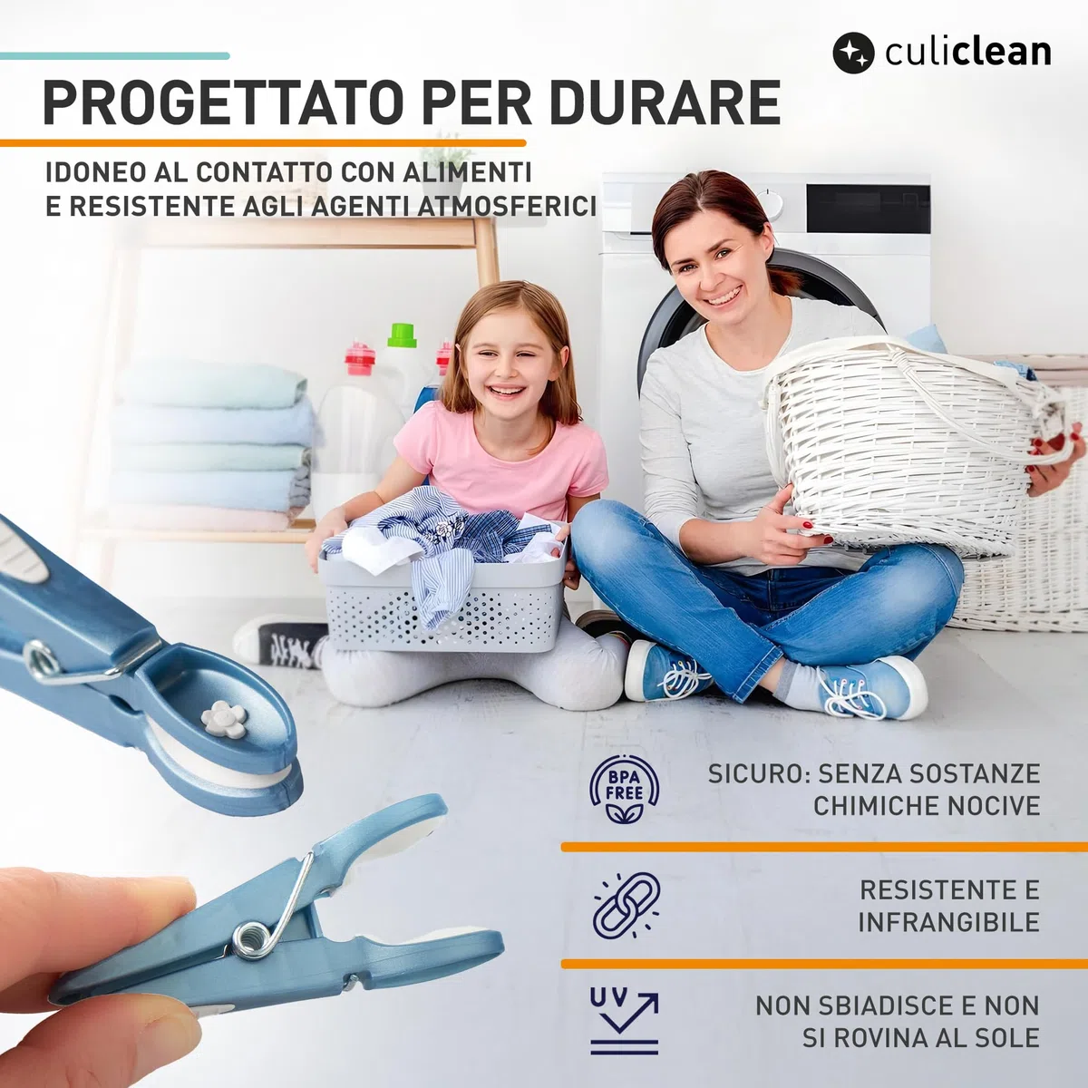 culiclean - Mollette da bucato premium, diversi modelli, Plastica, bianco e nero con cestino bianco e manico nero., 40 Stück+ 1 Korb