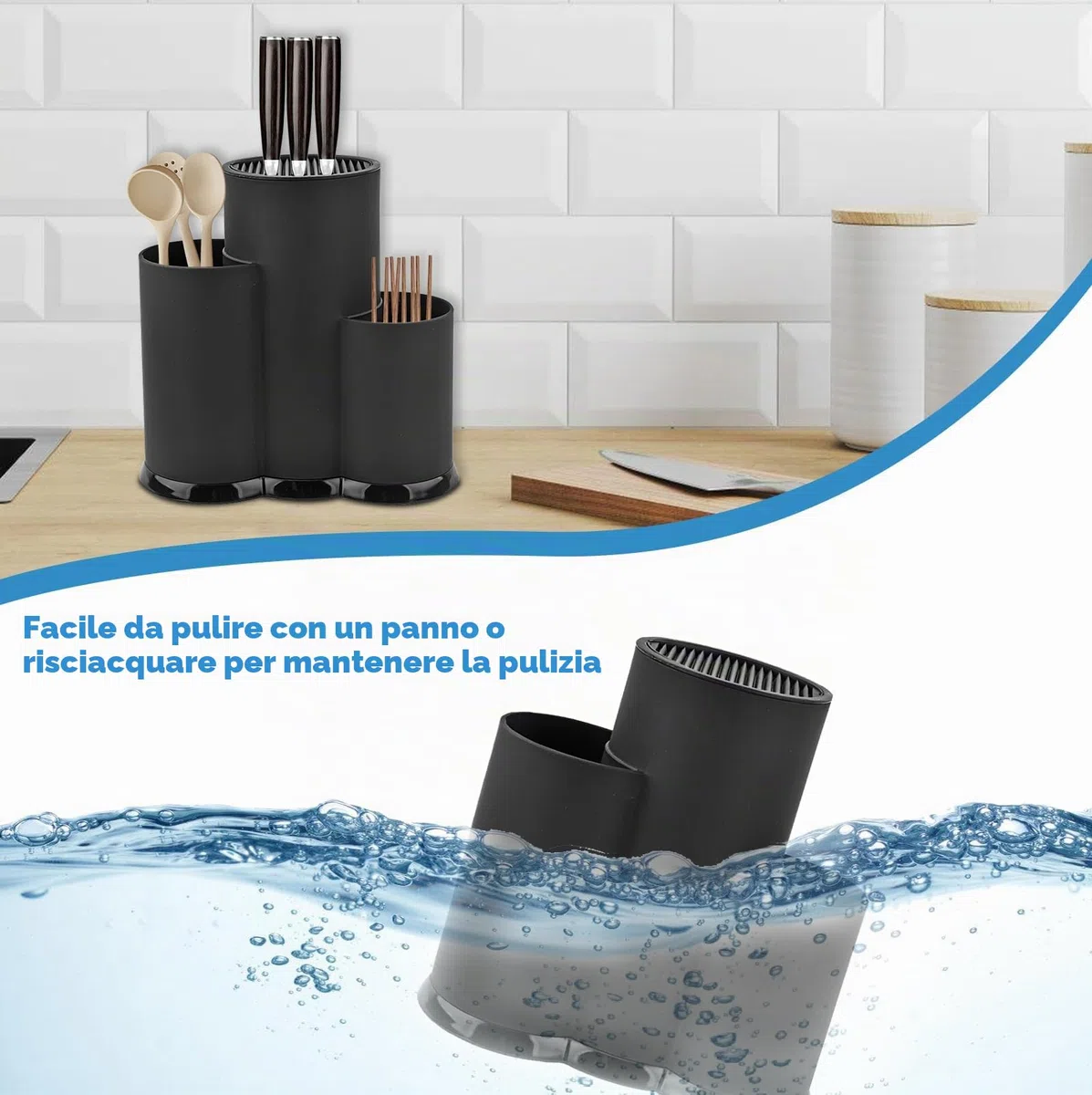 Blocco Universale Rotondo Nero 3-in-1 Senza Coltelli: Salvaspazio, Igienico Adatto per Tutti I Coltelli da Cucina (23 X 22cm)