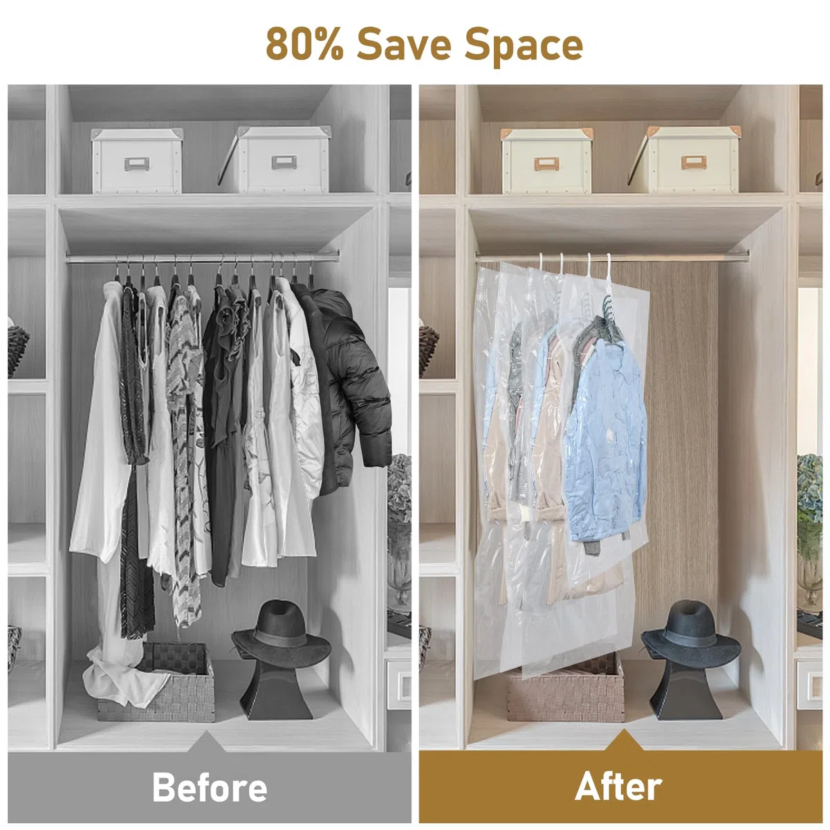 Sacchetti sottovuoto vestiti da appendere, 4 pezzi Vacuum storage bags salvaspazio per vestiti, organizer per armadio, Sacchetti vestitii trasparente e riutilizzabile (4, 105x70cm)