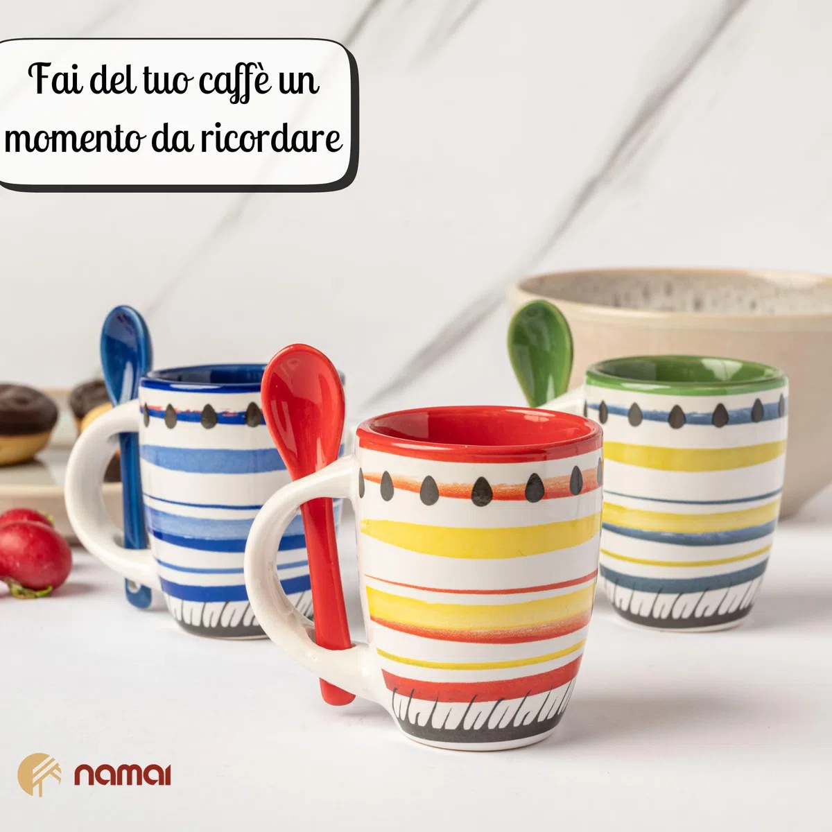 NAMAI - Set di 6 Tazzine Caffè Con Cucchiaino, 90 ML, Porcellana Resistente, Adatte in Lavastoviglie e Microonde, Colori Vivaci, Idea Regalo (Set 6 Tazzine con Cucchiaino)