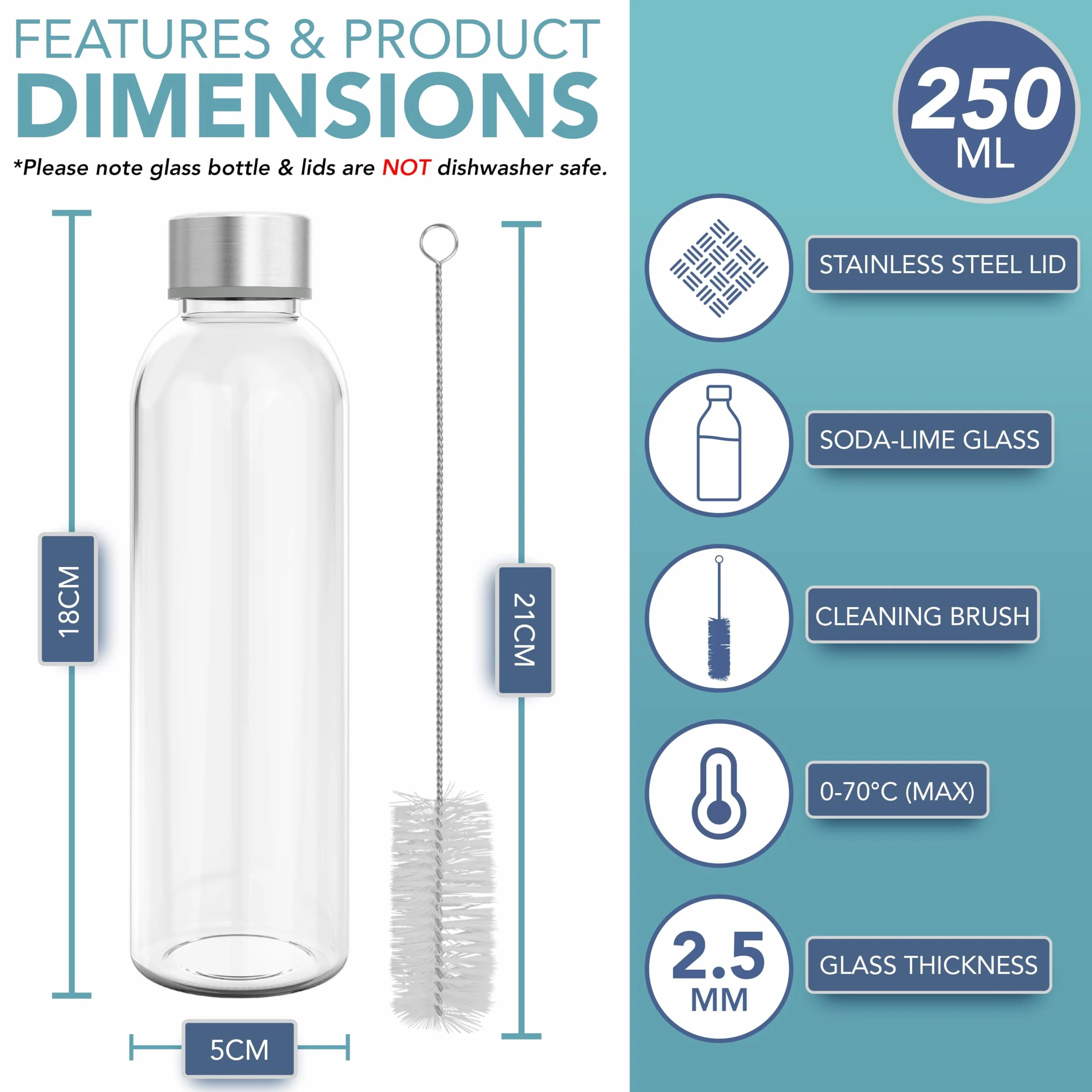HEFTMAN Bottiglie in vetro da 250ml con coperchio, confezione da 6 bottiglie vuote in vetro, ermetiche, a tenuta stagna, coperchi in acciaio inox, per acqua, frullati, succhi di frutta, per lavoro