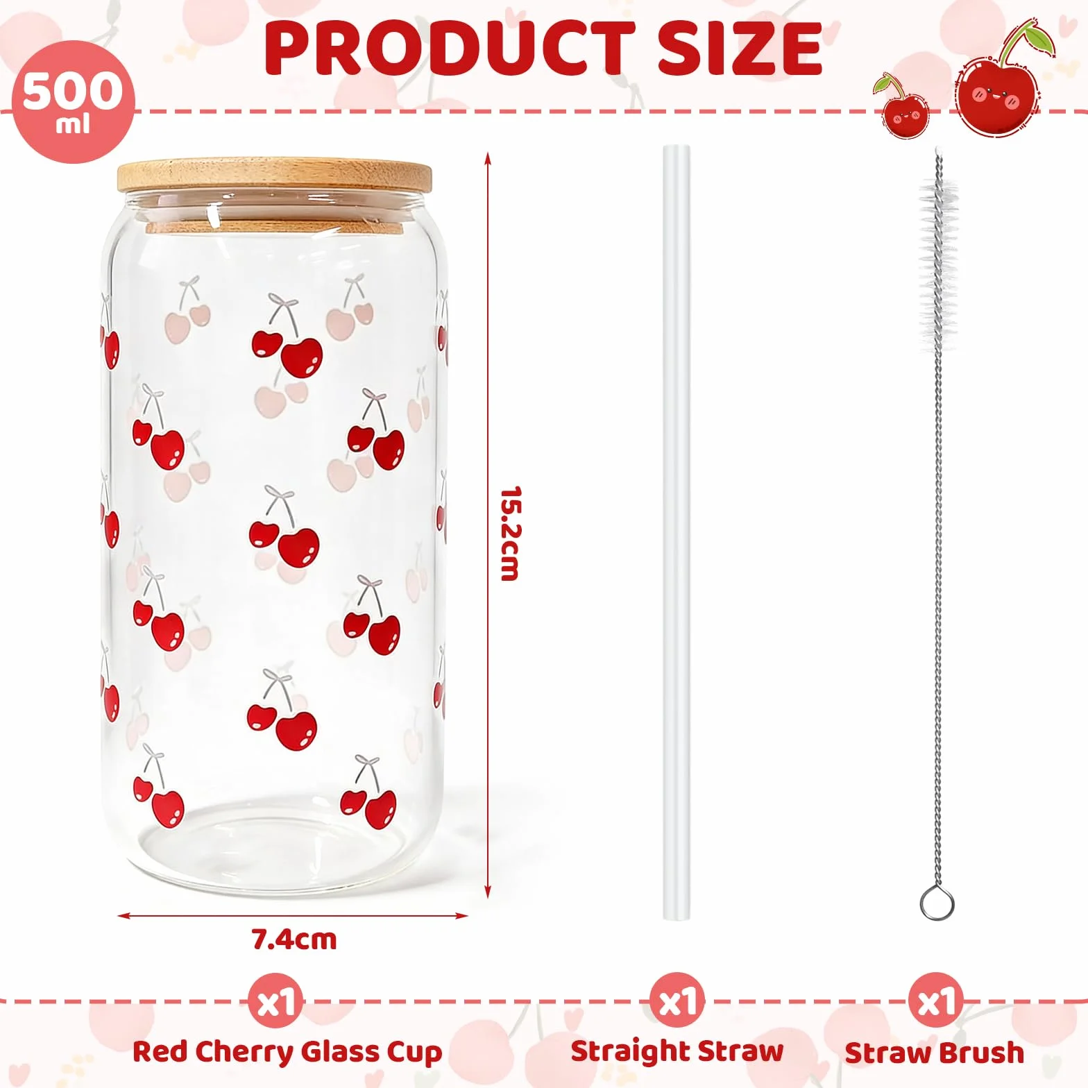 Bicchiere Estivo in Vetro con Motivo Ciliegia, Bicchiere Riutilizzabile per Bevande, con Coperchio in bambù E Cannuccia, Contenitore Portatile per Drink Freddi,