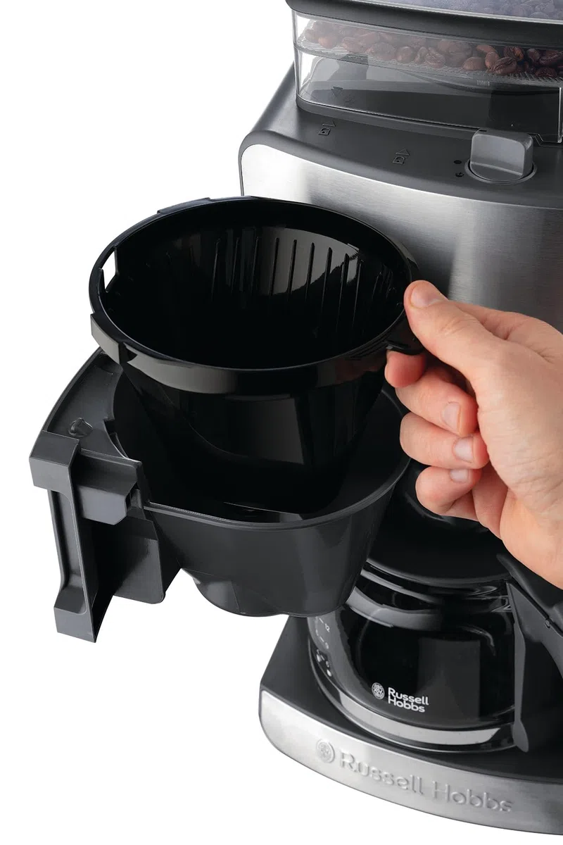 Russell Hobbs Macchina Caffé Americano con Macinacaffé Integrato - Timer digitale, Filtro per Estrazione e Aroma ottimali - Caraffa in Vetro; Max 10 tazze, 3 livelli di Macinatura, Grind&Brew 25610-56