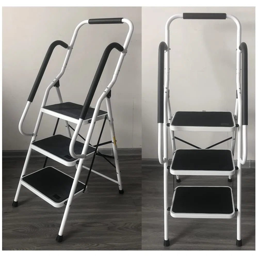 Scala a 3 gradini con corrimano di sicurezza, pieghevole, sicura, antiscivolo, struttura opaca e resistente, multiuso per la casa