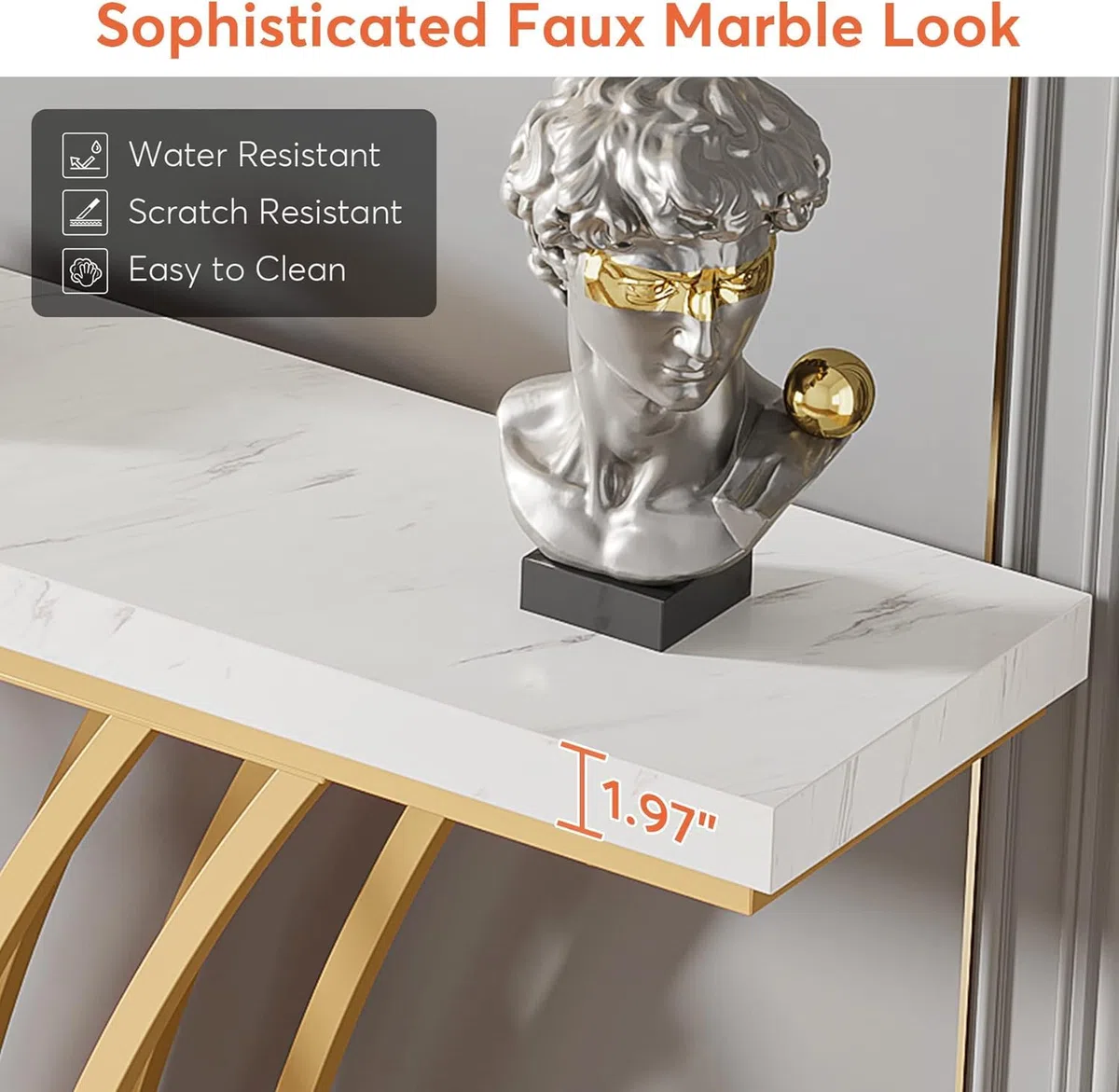 Lailang 150cm Consolle Ingresso, Tavolo Stretto e lungo, Mobile ingresso Legno, Consolle dietro Divano, Mobiletto ingresso moderno, 150 x 30 x 80 cm, White Faux Marble & Gold