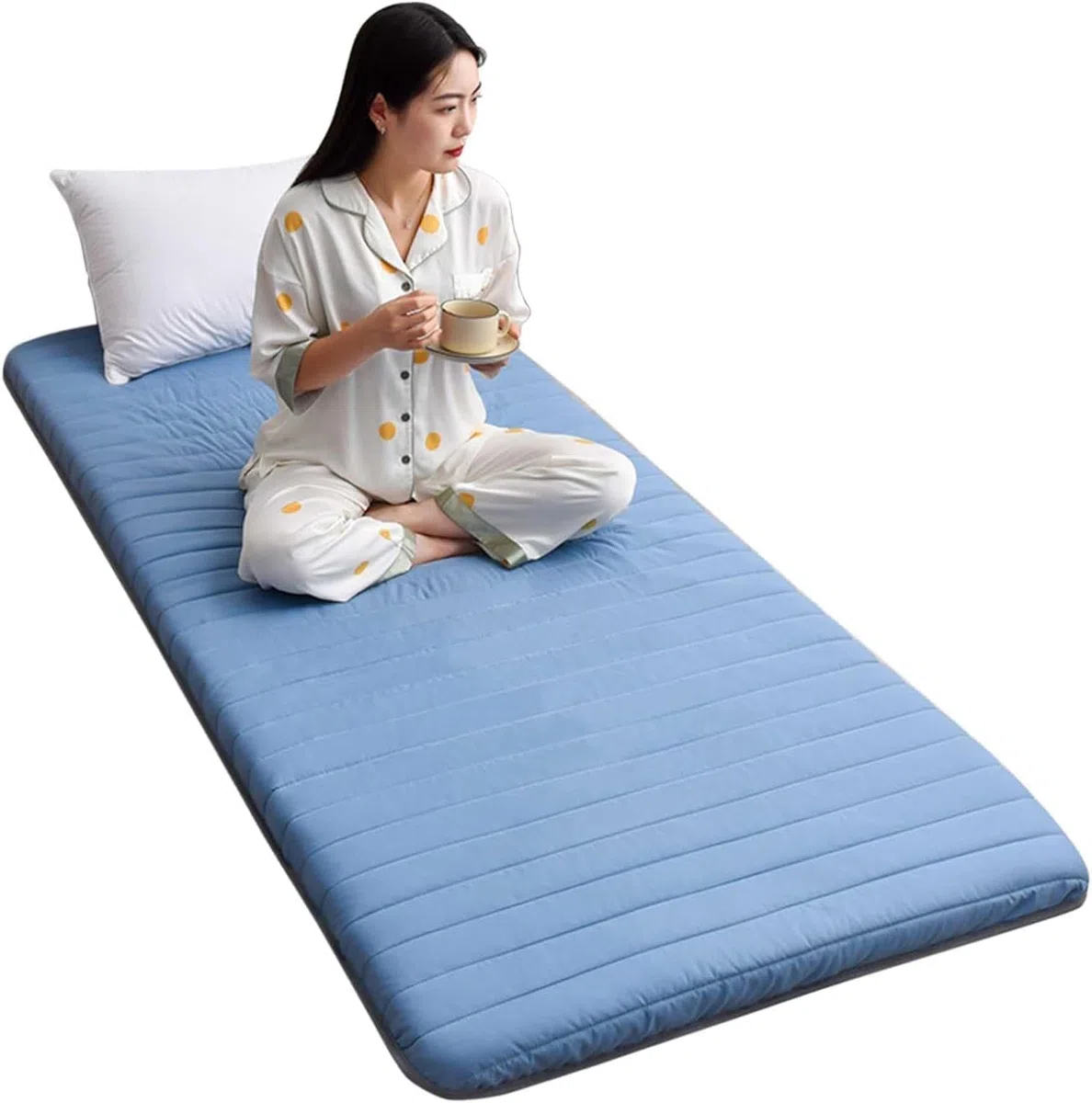 Materassino giapponese per tatami pieghevole, con borsa sottovuoto riutilizzabile, in cotone, design arrotolabile, per rilassarsi, letto per ospiti, campeggio, dormitorio studentesco, blu, 90 x 190 cm
